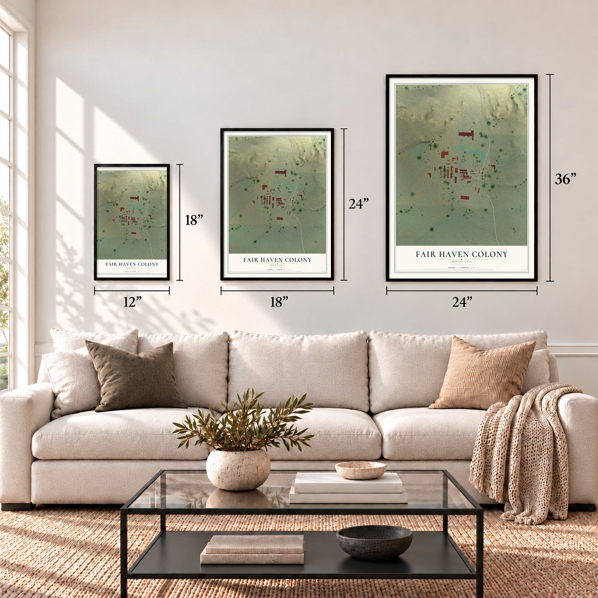 Fair Haven Colony, Montana map in 12 x 18, 18 x 24 and 24 x 36 inch sizes above a sofa