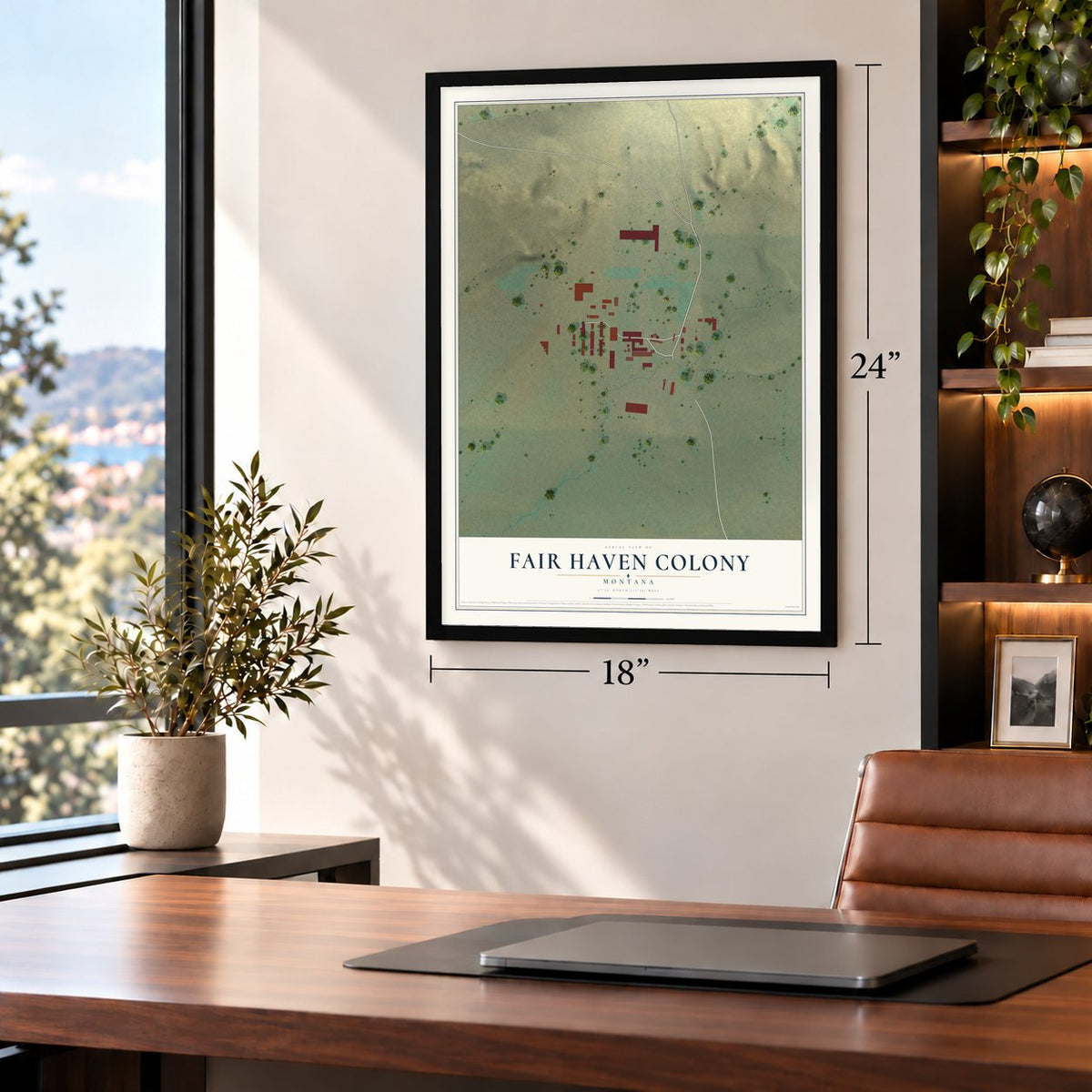 Fair Haven Colony, Montana map, 18 x 24 inch print in a black frame in a home office