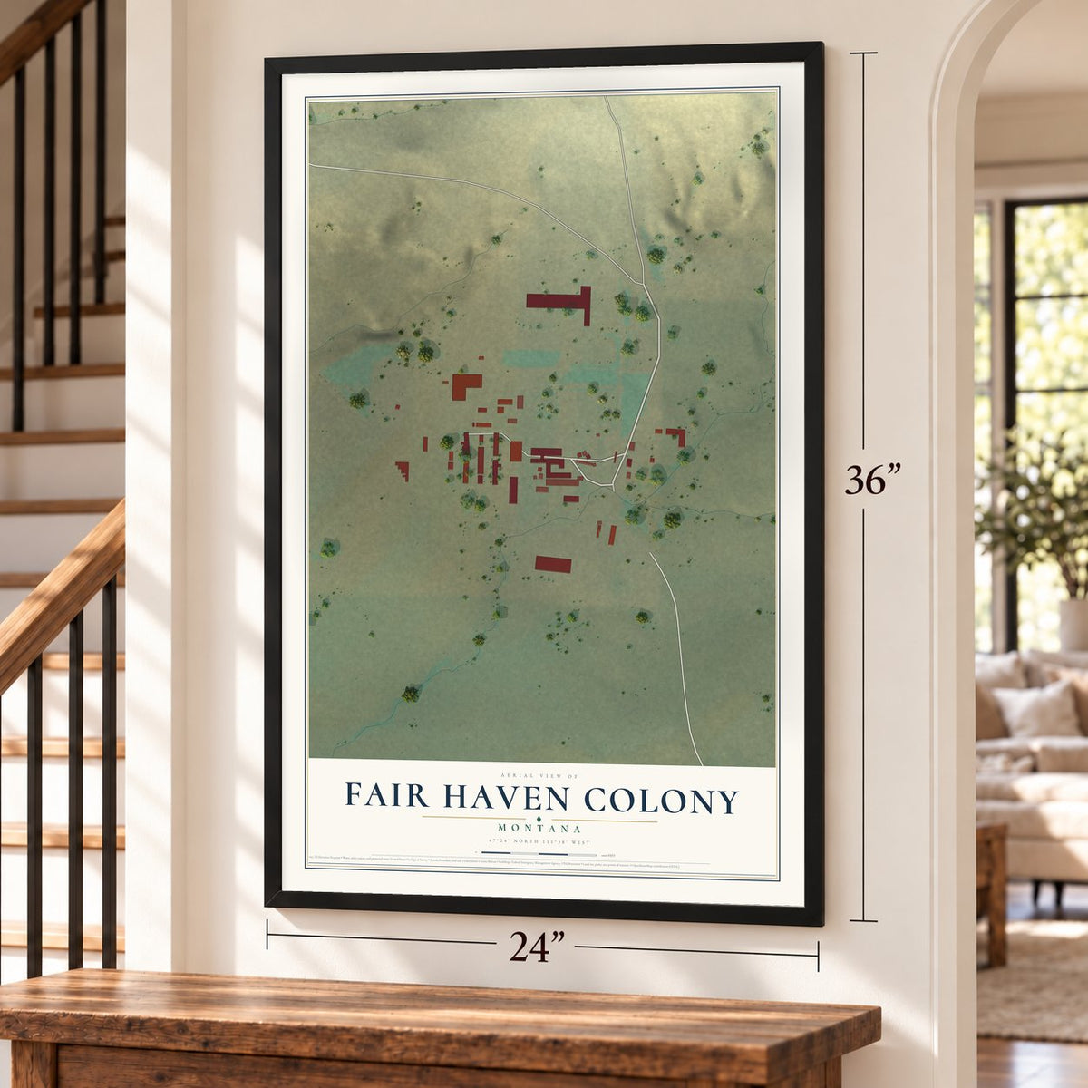Fair Haven Colony, Montana map, 24 x 36 inch print in a black frame by a staircase