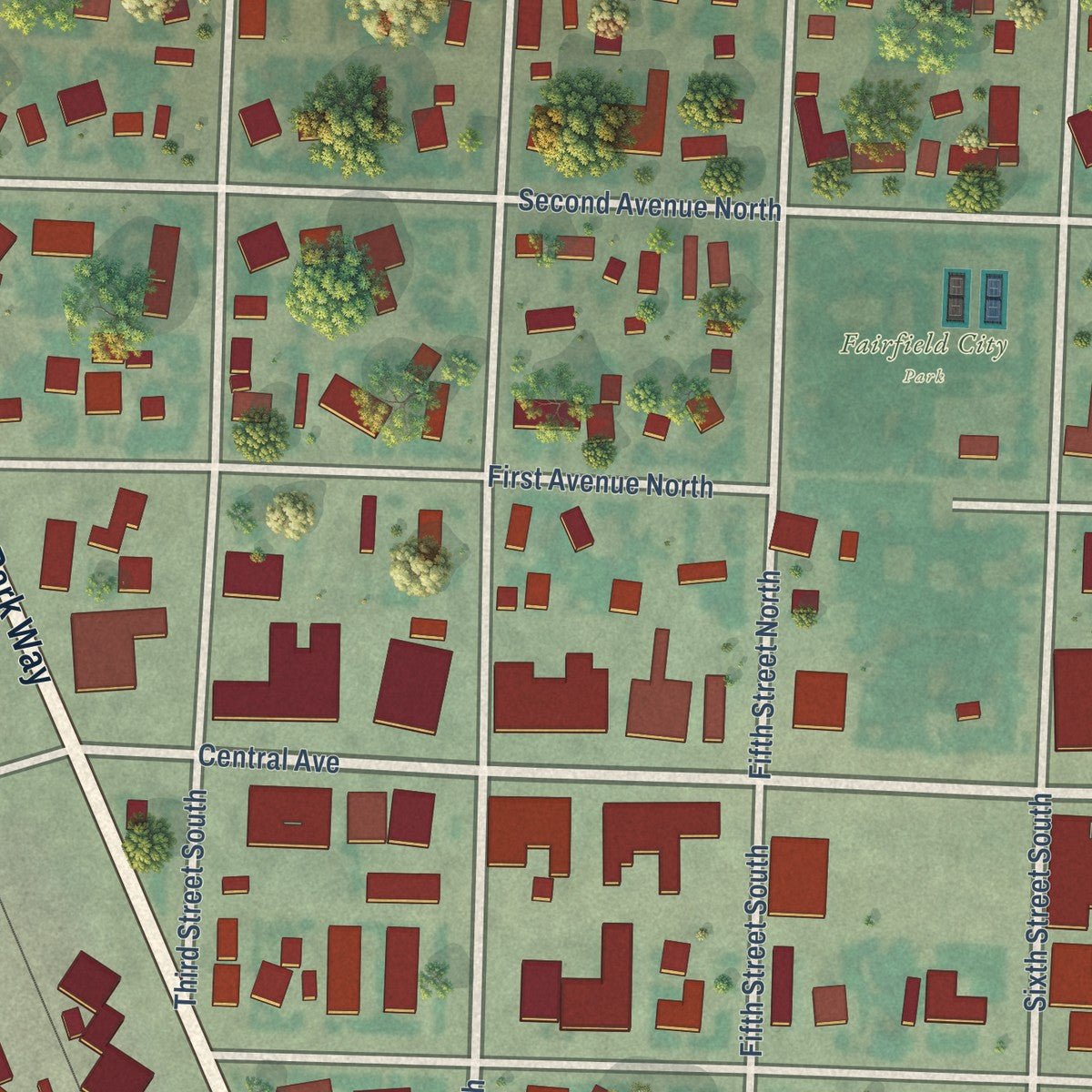 Close-up of the map of Fairfield, Montana print showing street and building detail