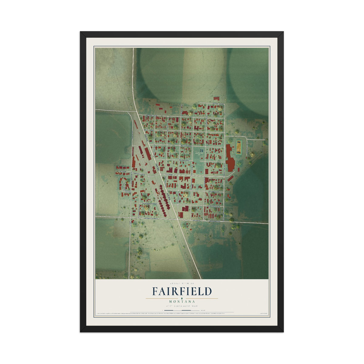 Map of Fairfield, Montana, 12 x 18 inch print in a black wood frame