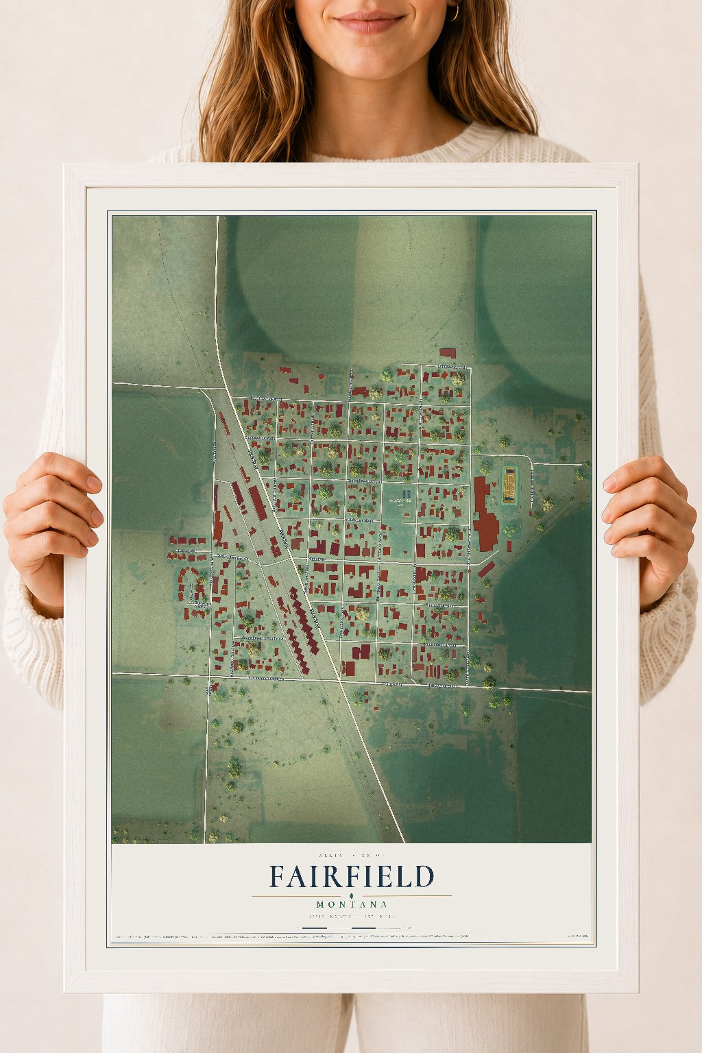 Map of Fairfield, Montana, 18 x 24 inch print in a white wood frame