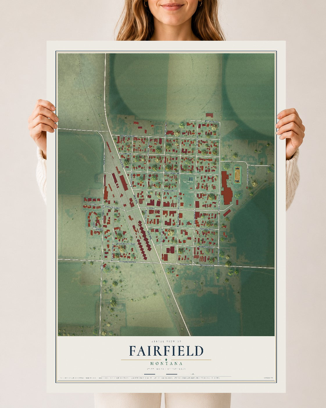 Map of Fairfield, Montana, 24 x 36 inch unframed archival matte print