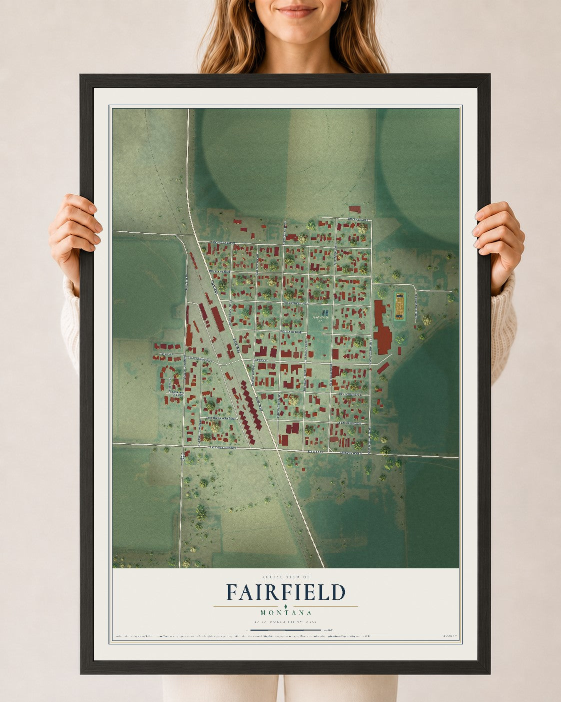Map of Fairfield, Montana, 24 x 36 inch print in a black wood frame