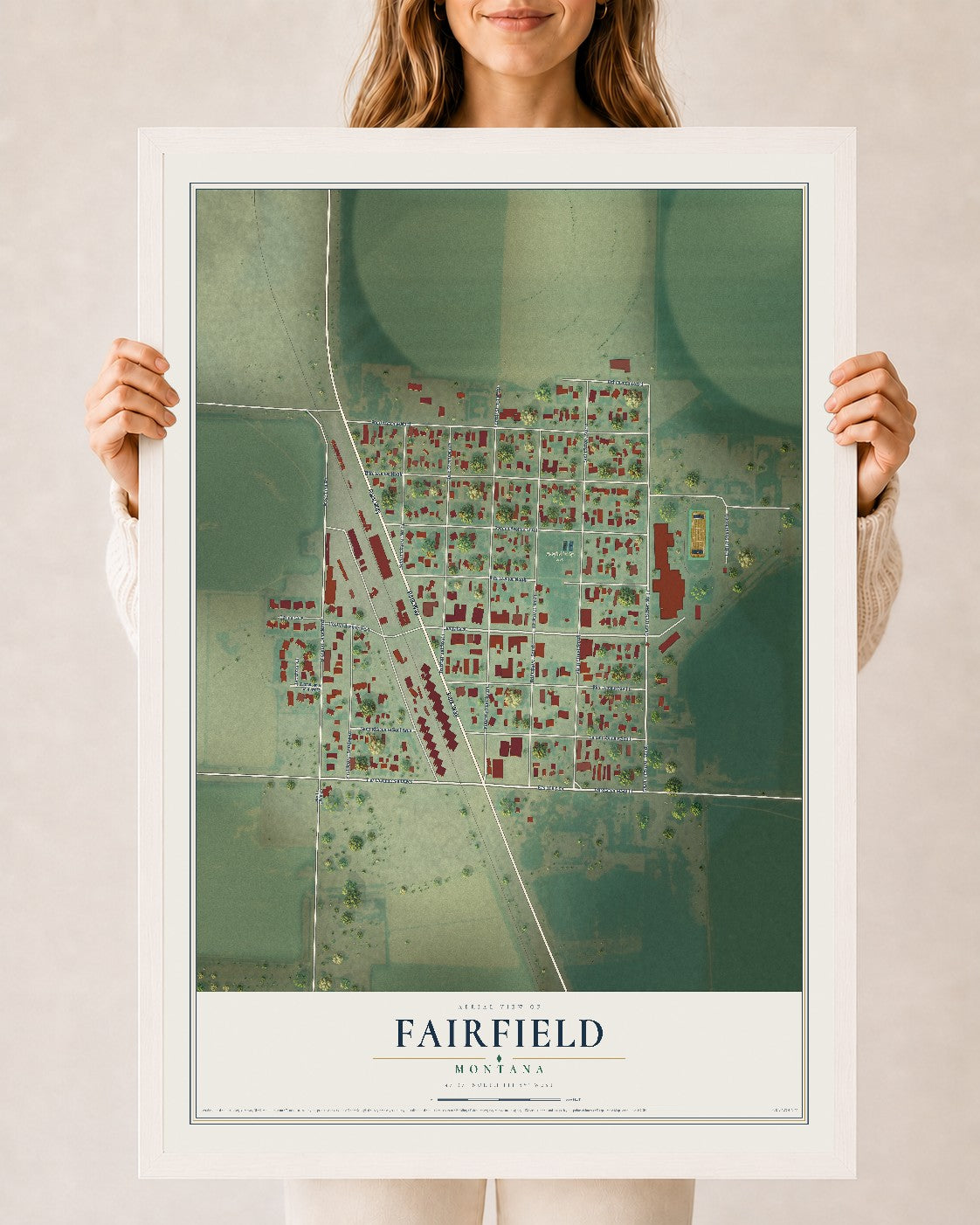 Map of Fairfield, Montana, 24 x 36 inch print in a white wood frame
