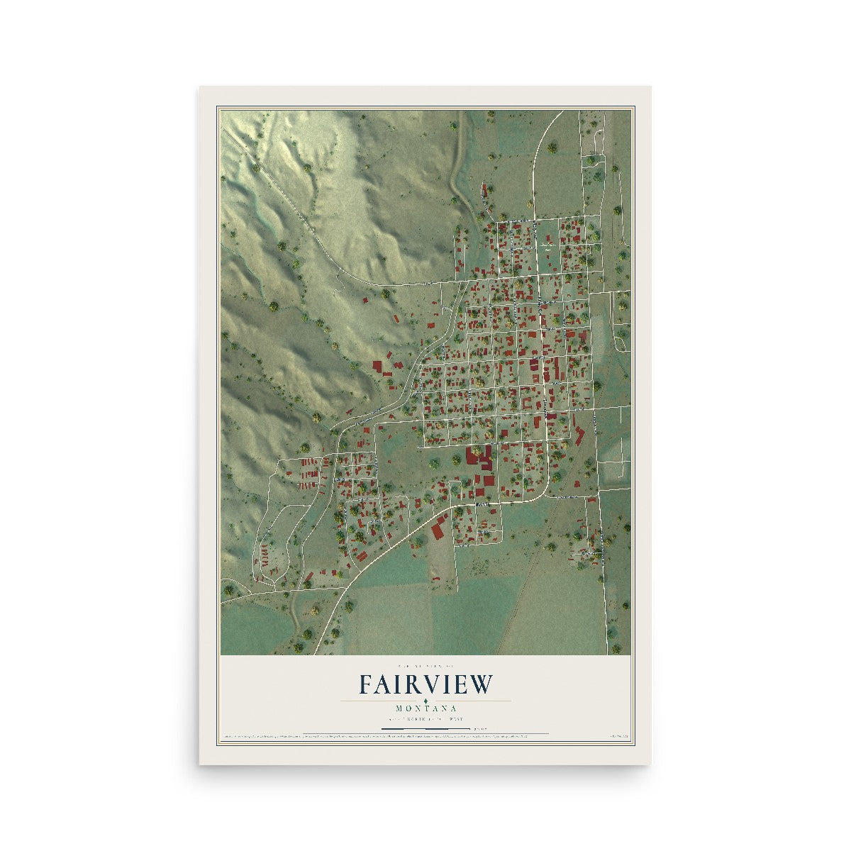 Map of Fairview, Montana, 12 x 18 inch unframed archival matte print