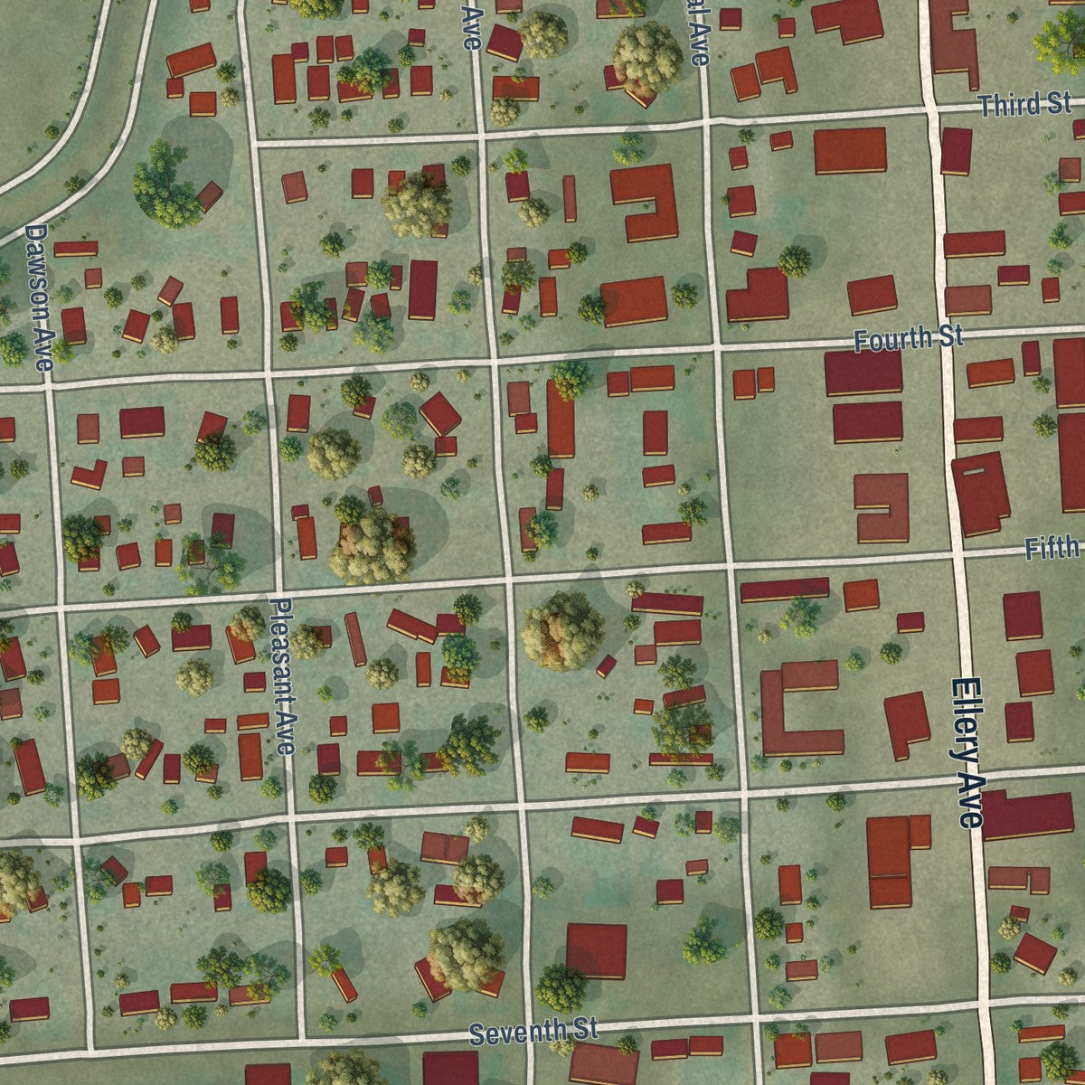 Close-up of the map of Fairview, Montana print showing street and building detail