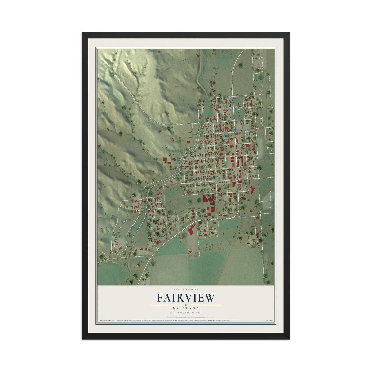 Map of Fairview, Montana, 12 x 18 inch print in a black wood frame