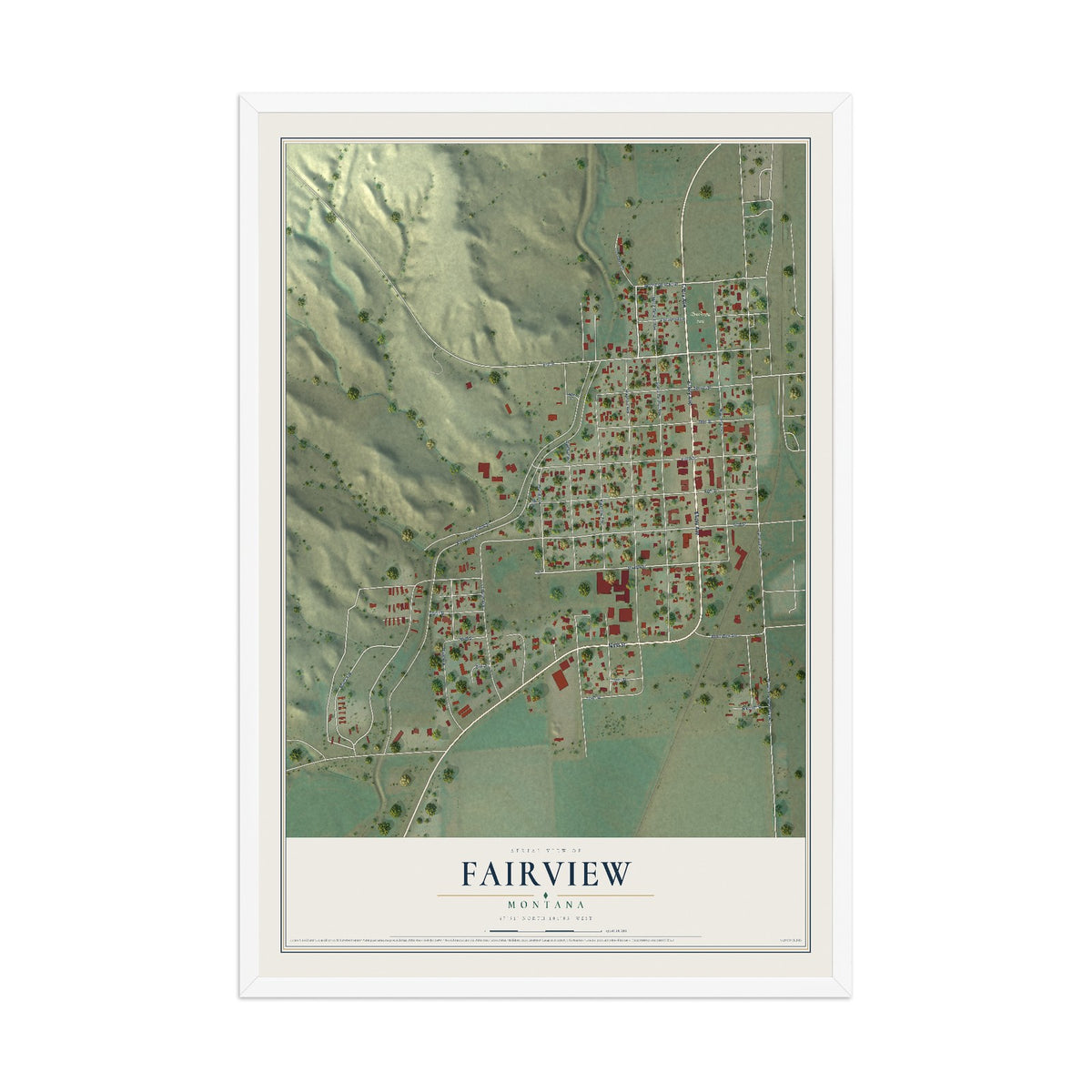Map of Fairview, Montana, 12 x 18 inch print in a white wood frame