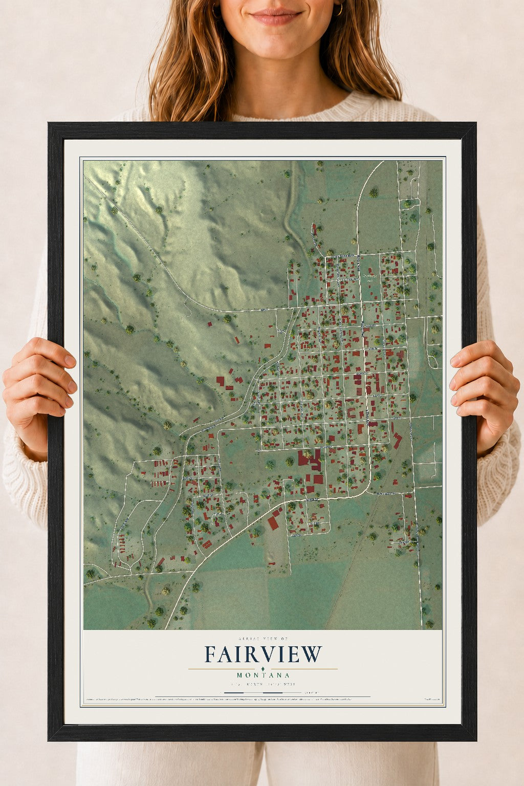 Map of Fairview, Montana, 18 x 24 inch print in a black wood frame