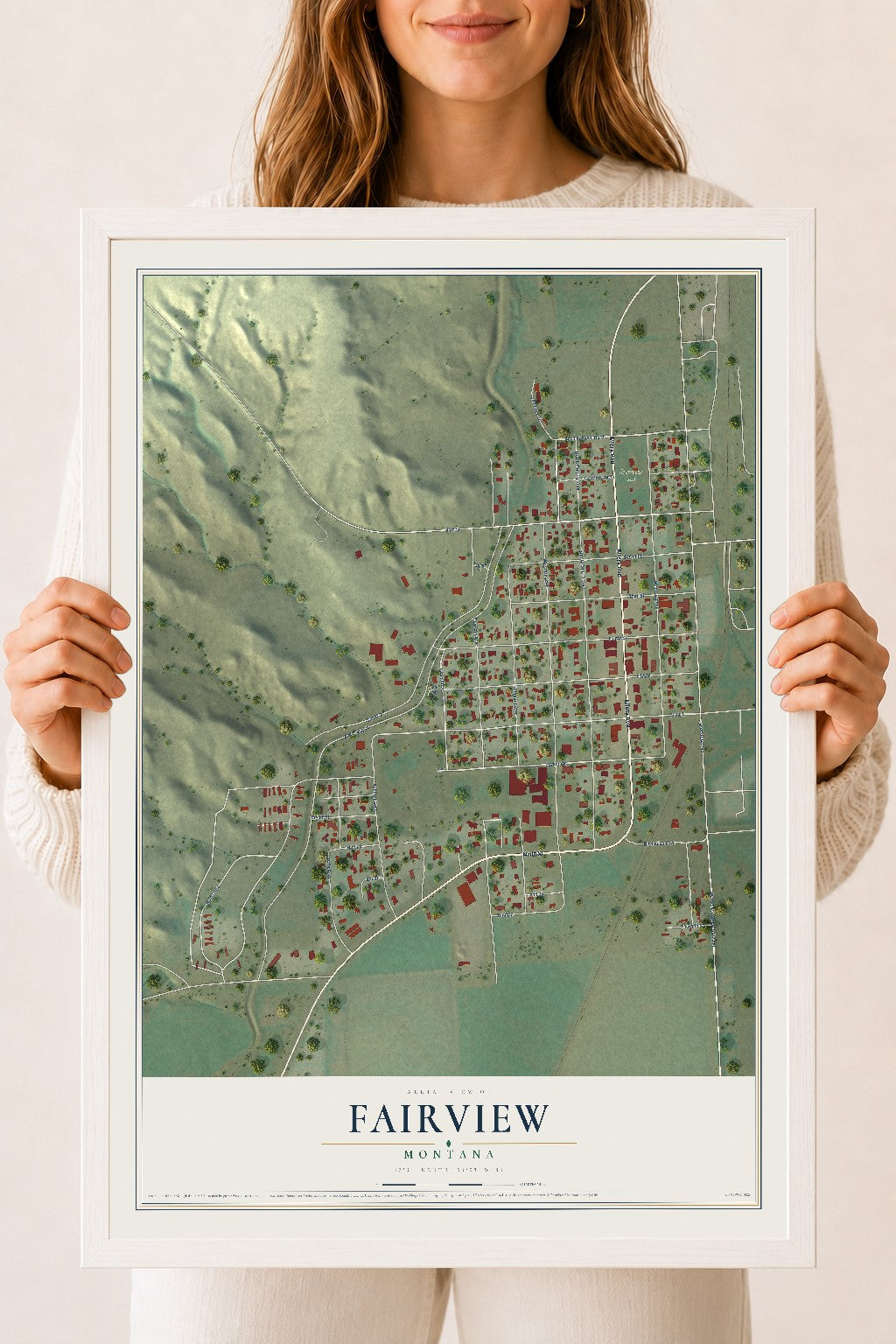 Map of Fairview, Montana, 18 x 24 inch print in a white wood frame