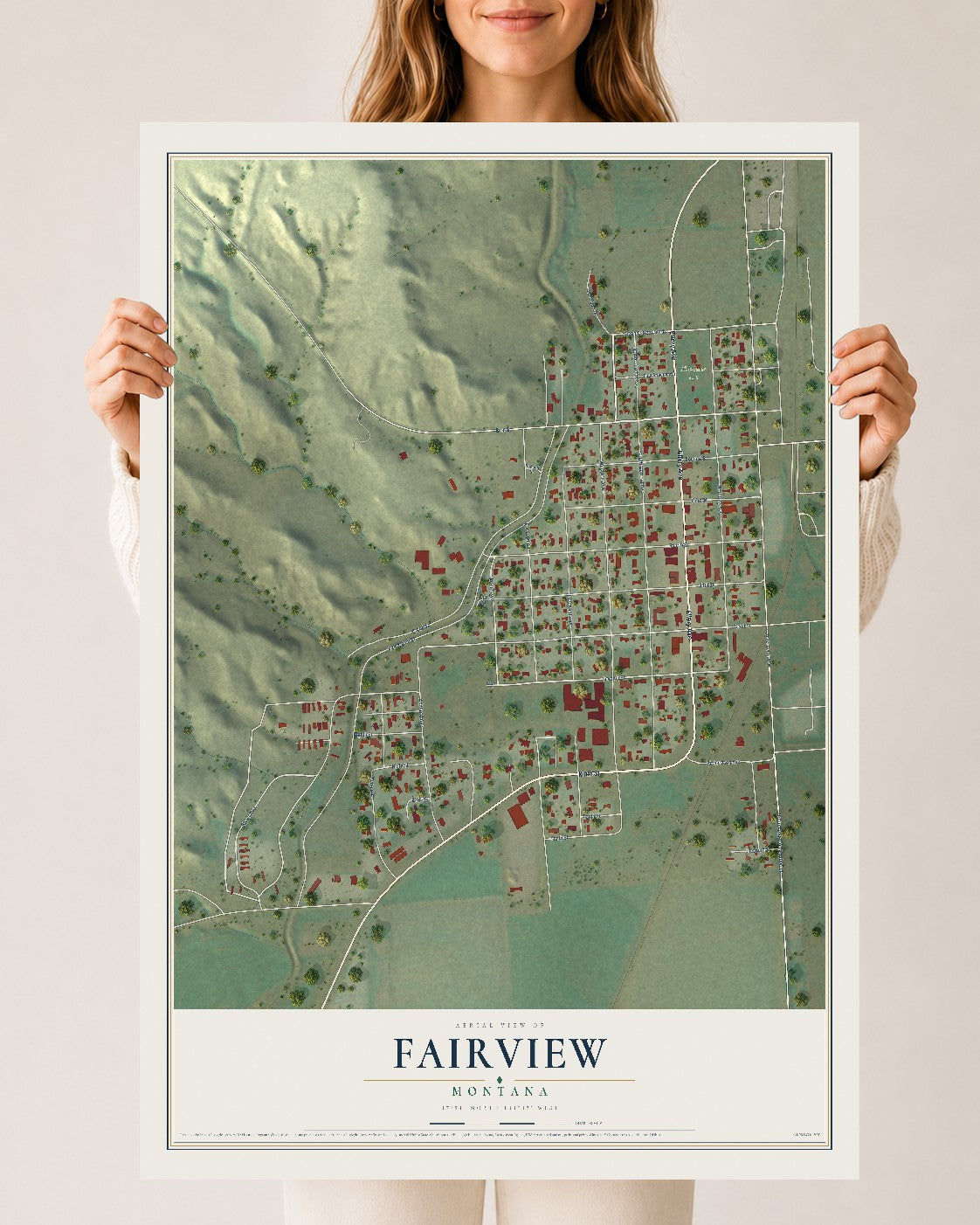 Map of Fairview, Montana, 24 x 36 inch unframed archival matte print