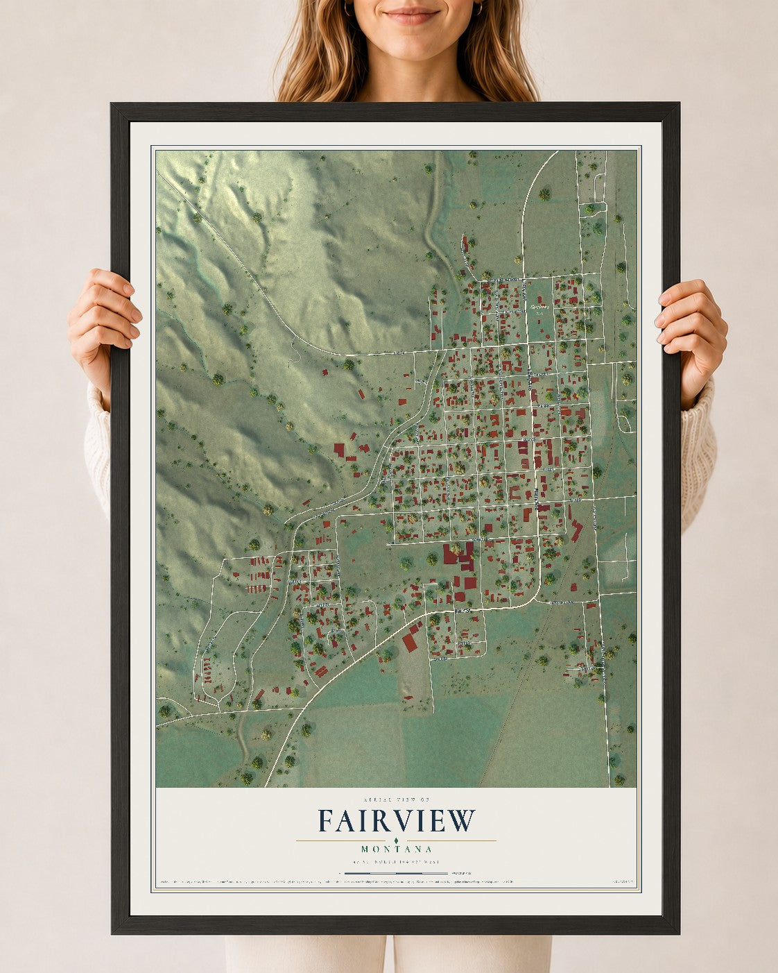 Map of Fairview, Montana, 24 x 36 inch print in a black wood frame