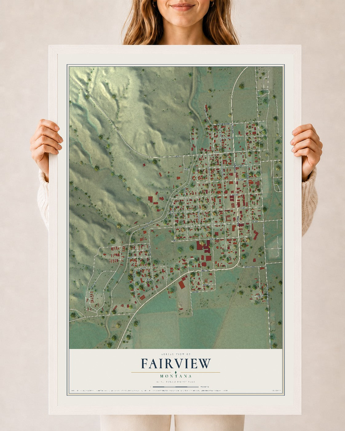 Map of Fairview, Montana, 24 x 36 inch print in a white wood frame