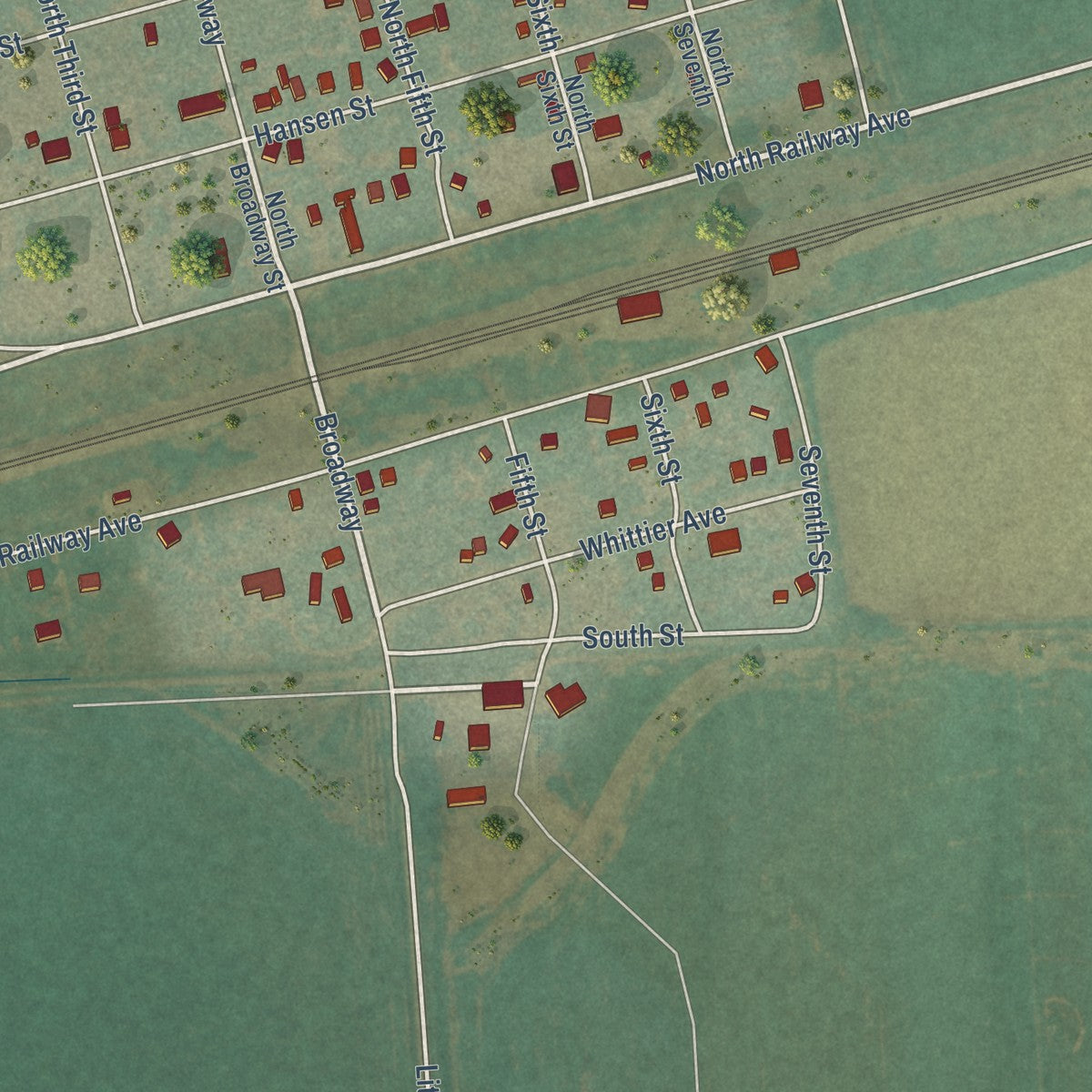 Close-up of the map of Fallon, Montana print showing street and building detail