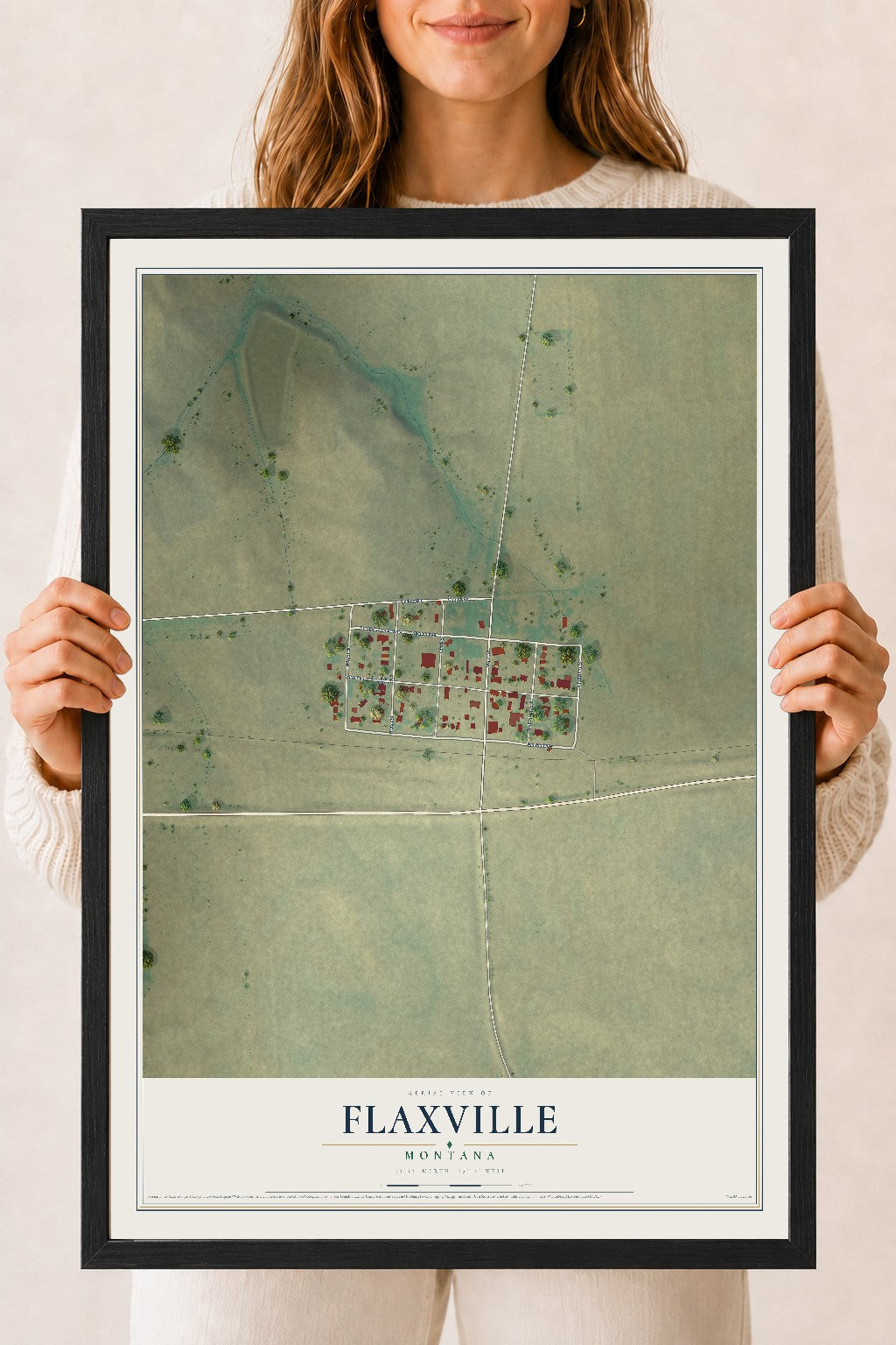 Map of Flaxville, Montana, 18 x 24 inch print in a black wood frame