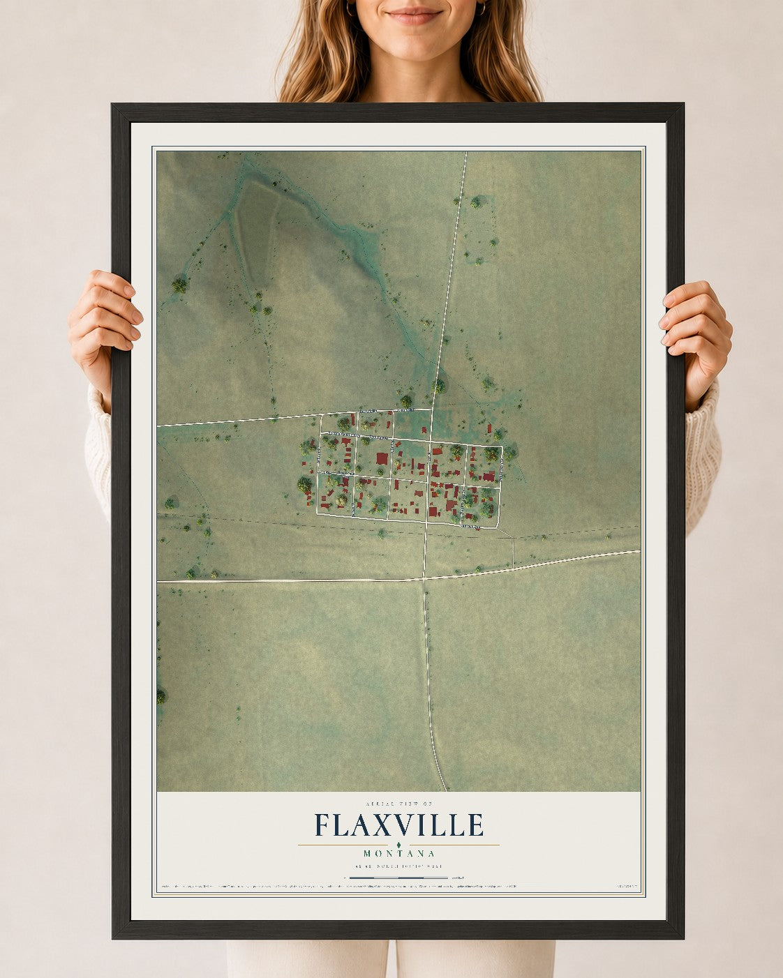 Map of Flaxville, Montana, 24 x 36 inch print in a black wood frame
