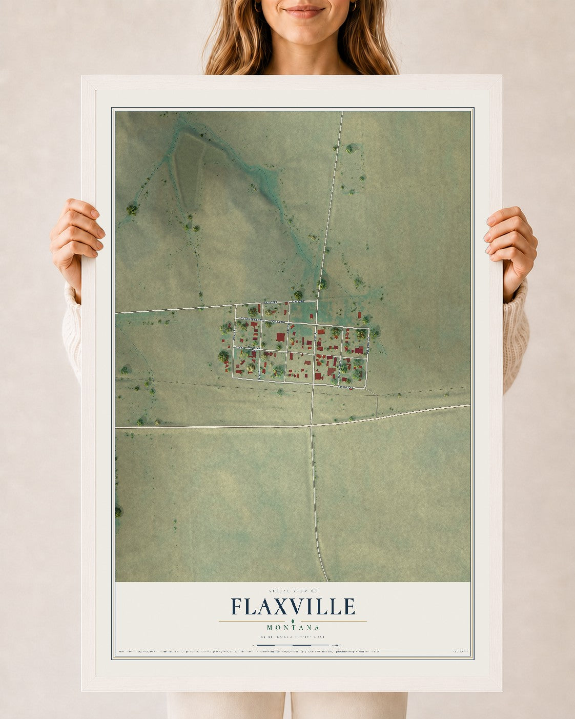 Map of Flaxville, Montana, 24 x 36 inch print in a white wood frame