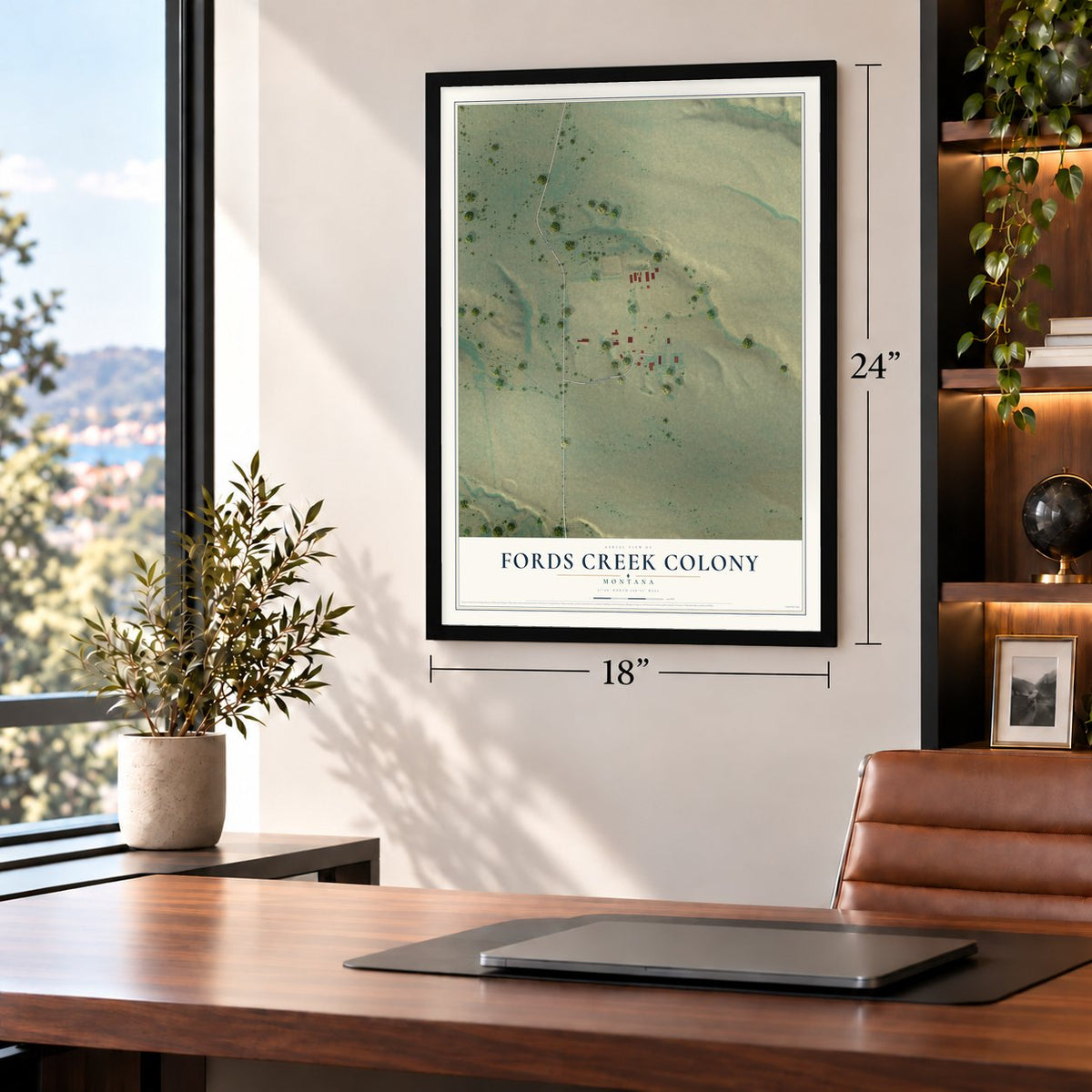 Fords Creek Colony, Montana map, 18 x 24 inch print in a black frame in a home office