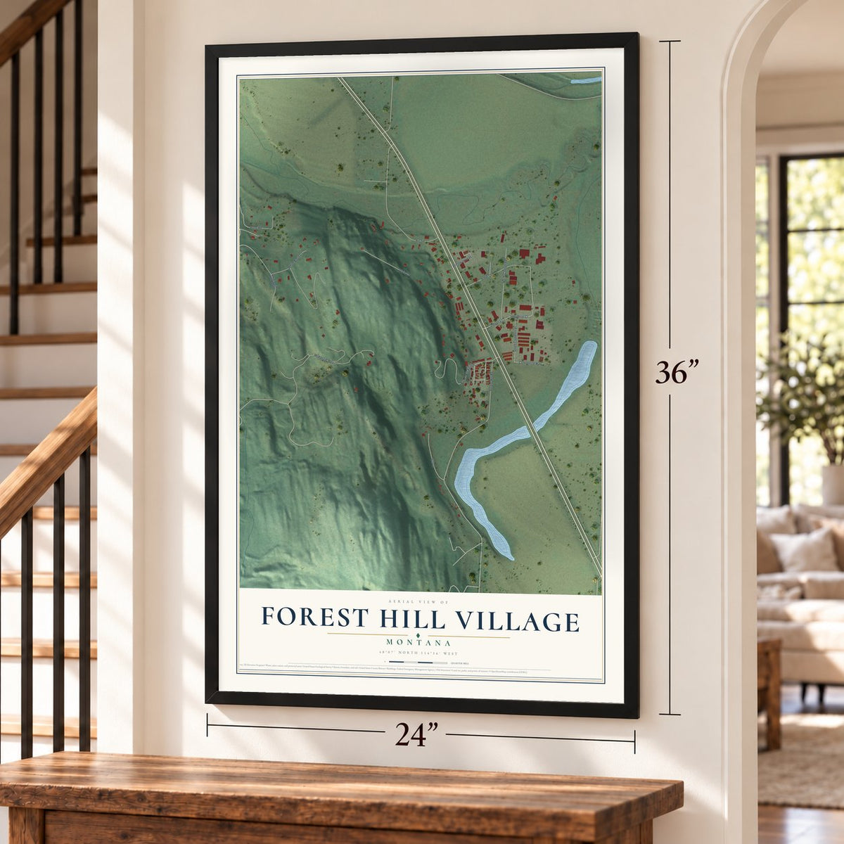 Forest Hill Village, Montana map, 24 x 36 inch print in a black frame by a staircase