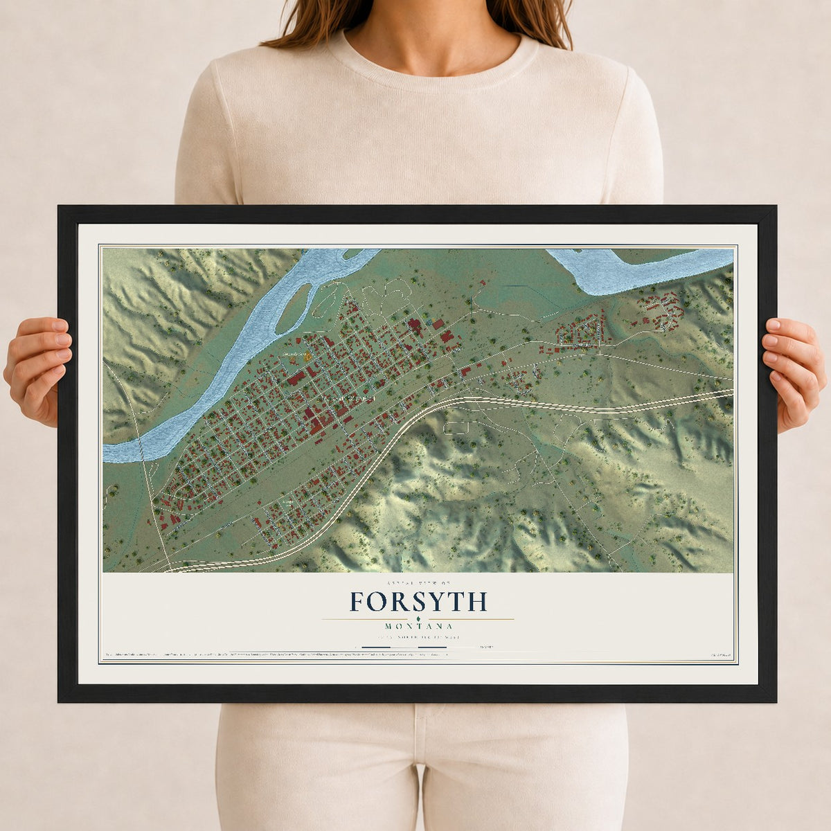 Map of Forsyth, Montana, 12 x 18 inch print in a black wood frame