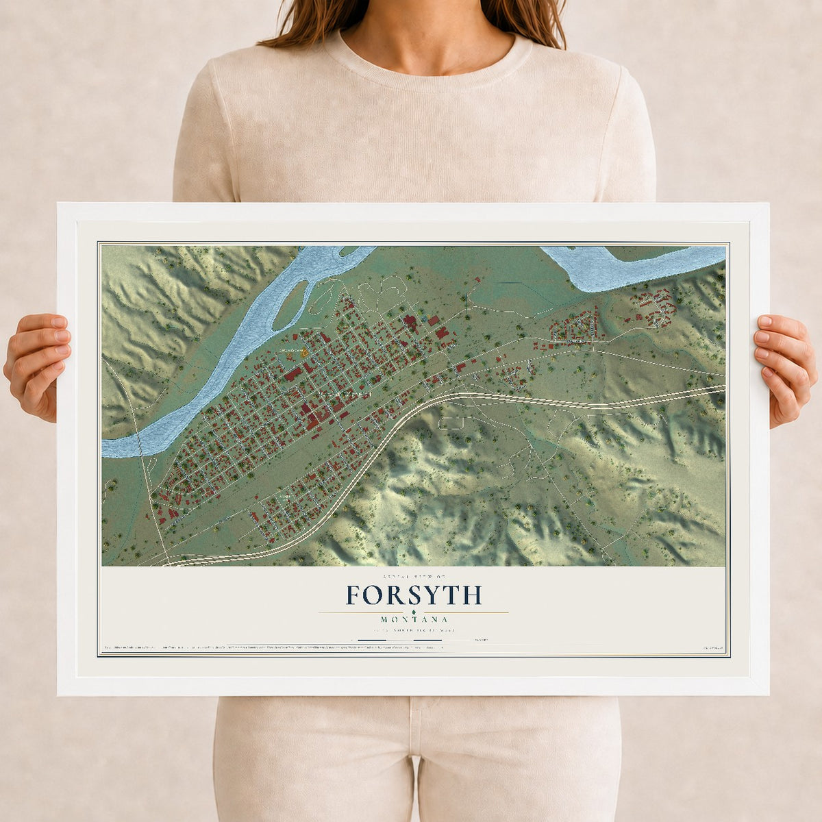 Map of Forsyth, Montana, 12 x 18 inch print in a white wood frame
