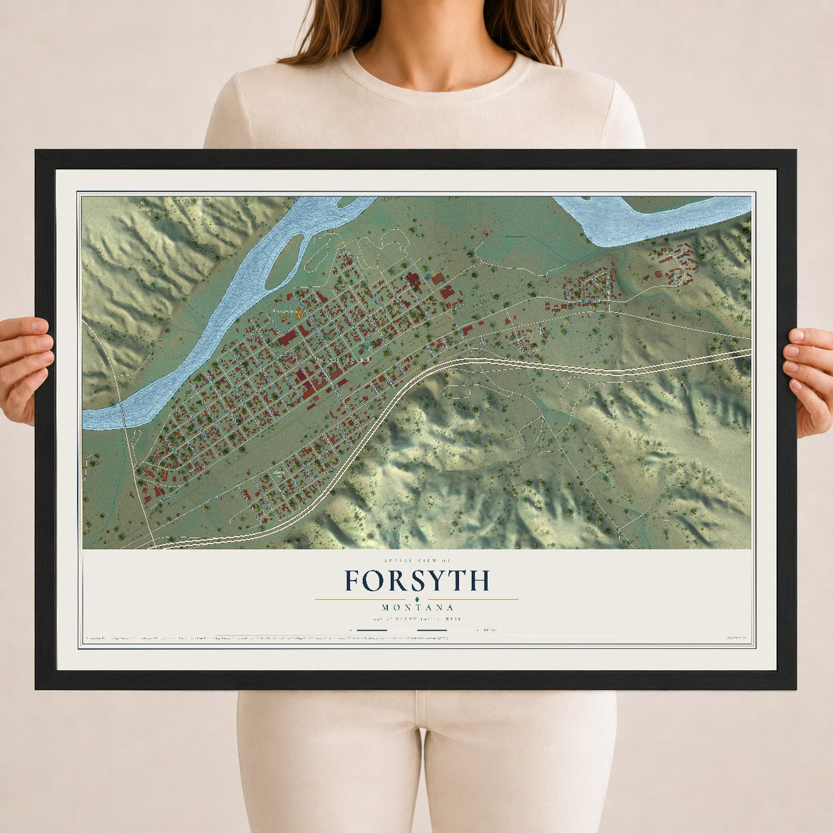 Map of Forsyth, Montana, 18 x 24 inch print in a black wood frame