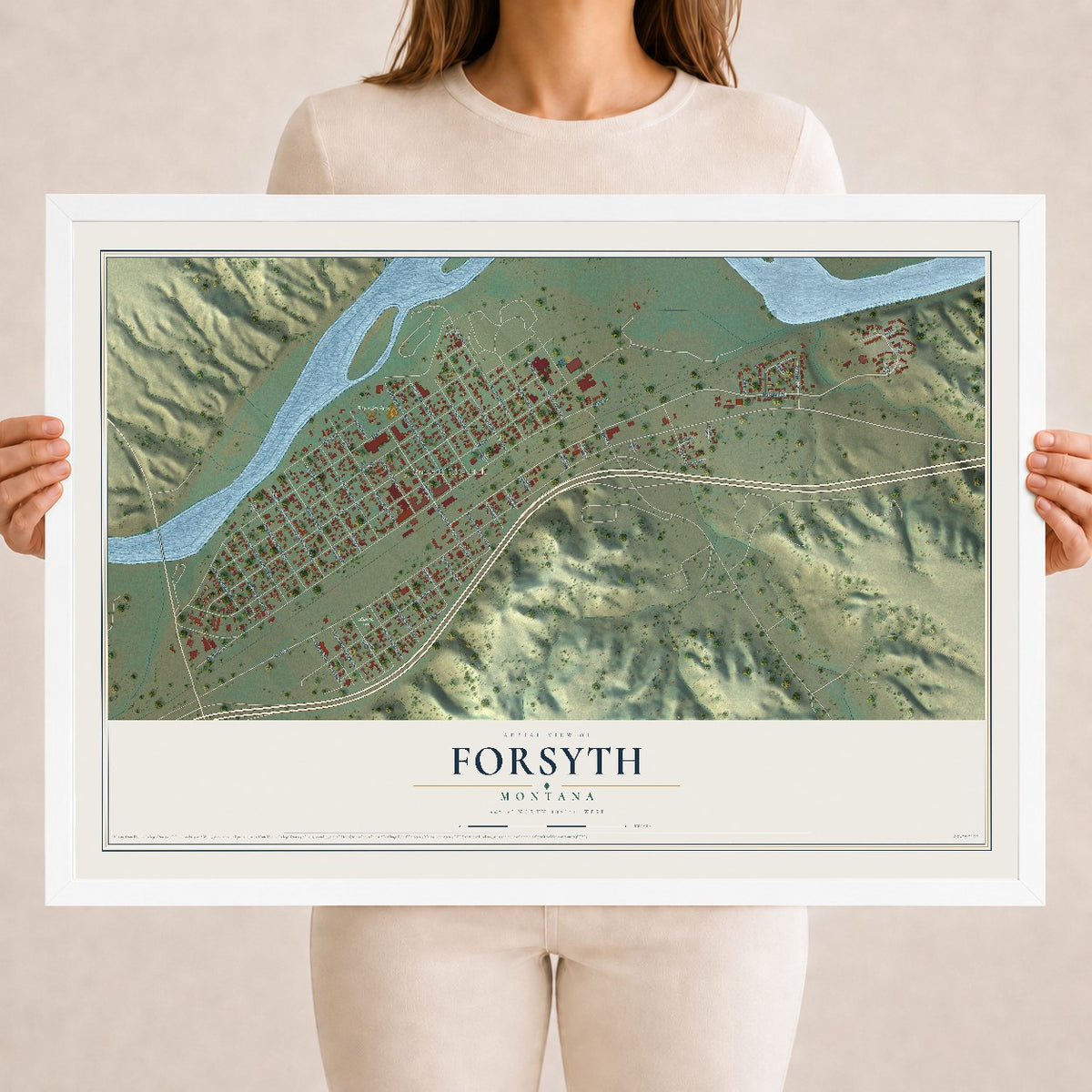 Map of Forsyth, Montana, 18 x 24 inch print in a white wood frame
