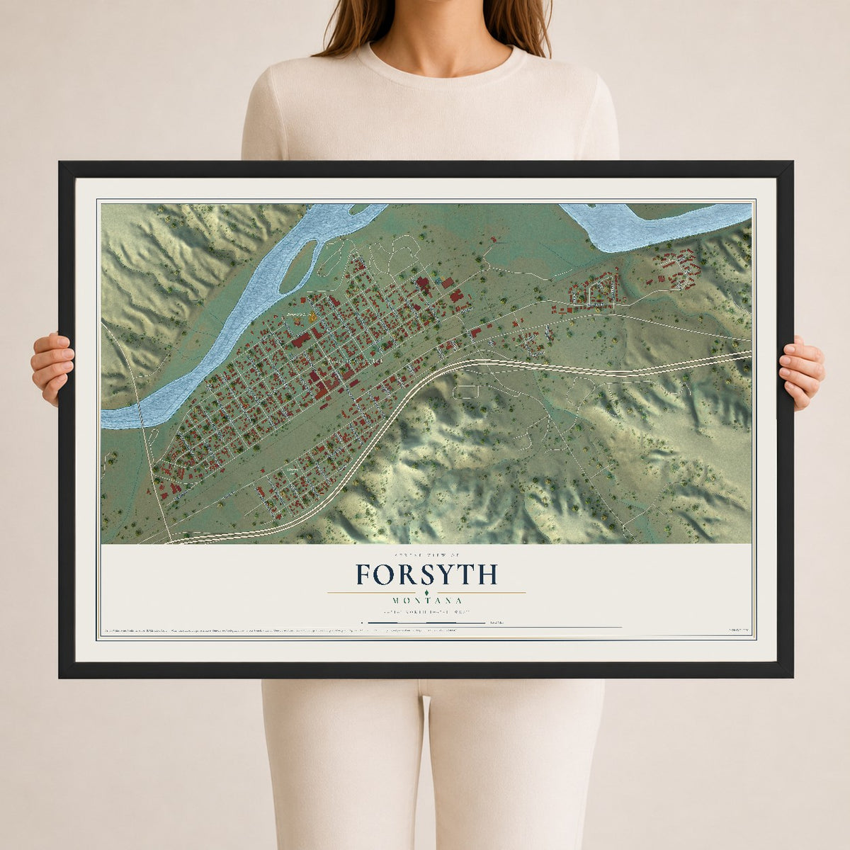 Map of Forsyth, Montana, 24 x 36 inch print in a black wood frame