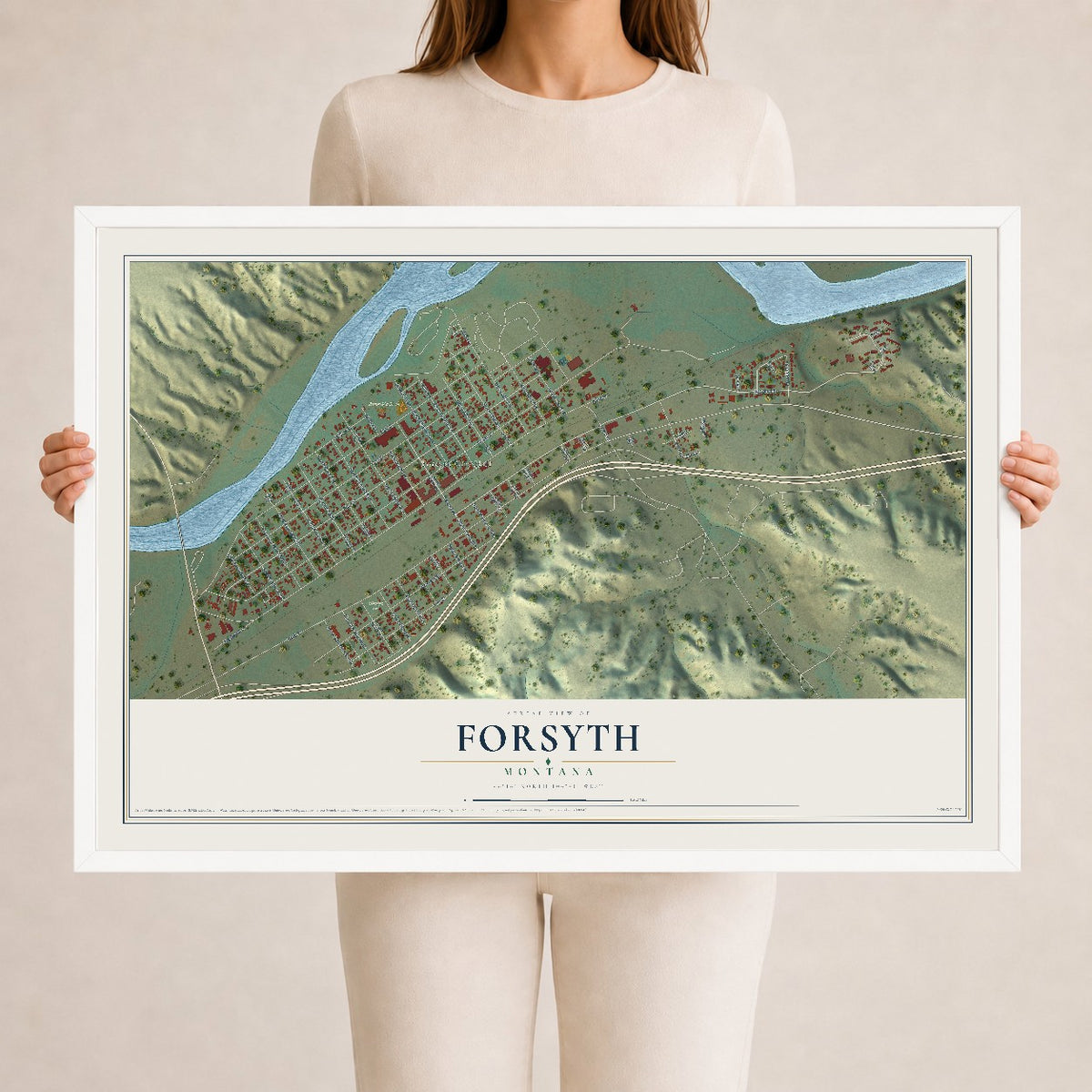 Map of Forsyth, Montana, 24 x 36 inch print in a white wood frame