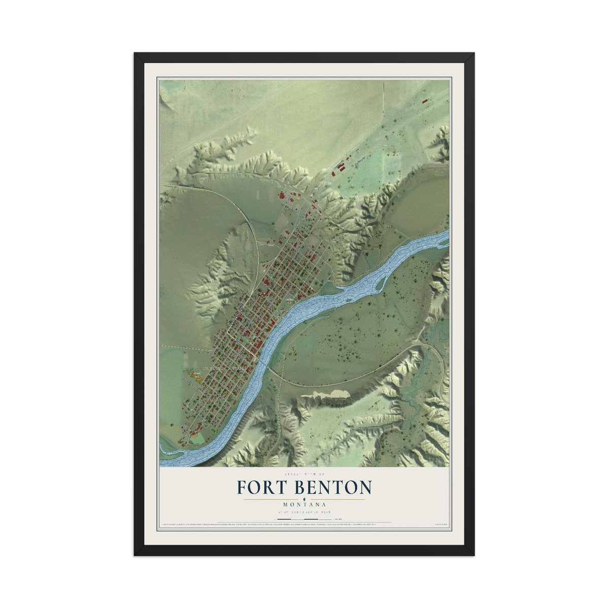 Map of Fort Benton, Montana, 12 x 18 inch print in a black wood frame