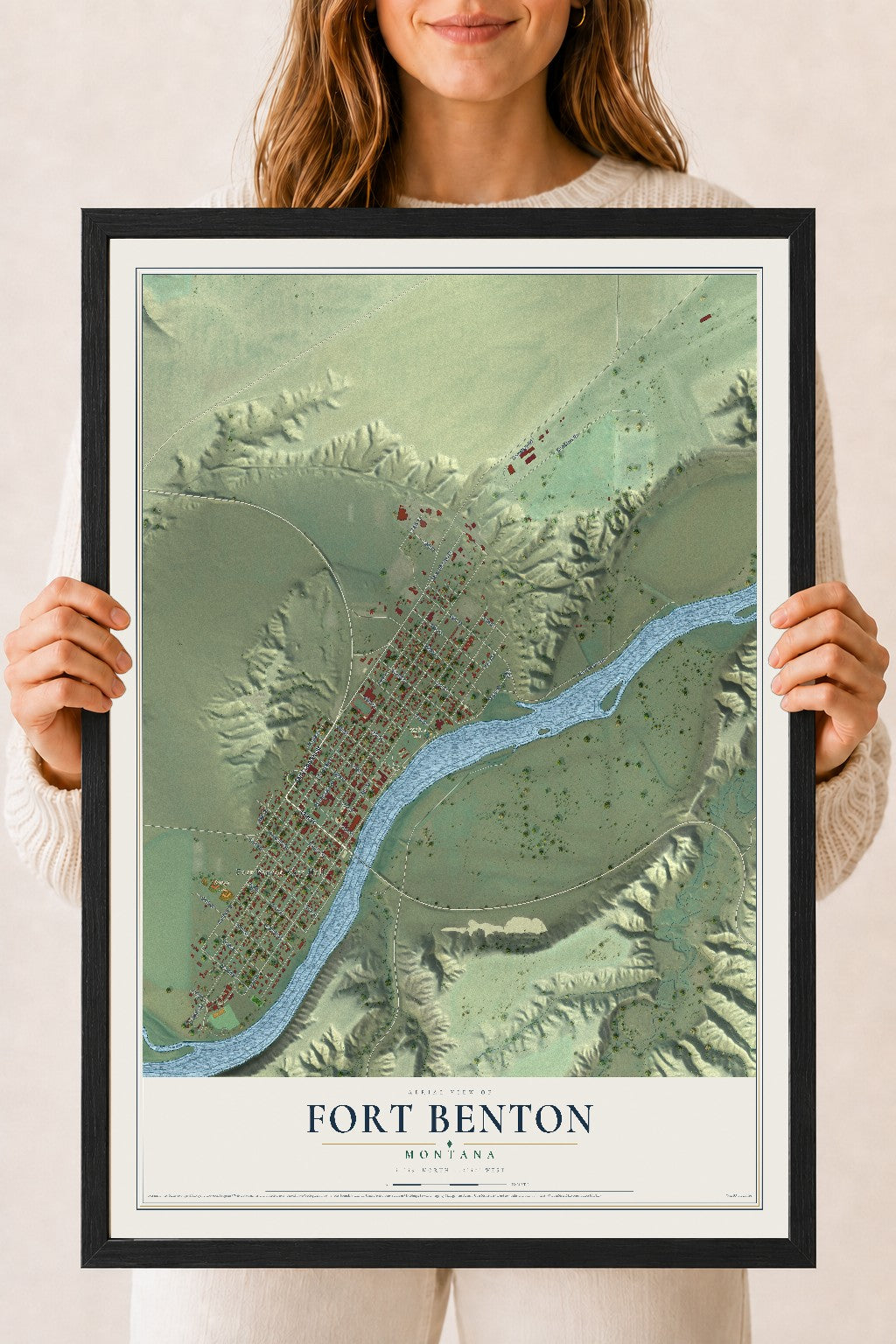 Map of Fort Benton, Montana, 18 x 24 inch print in a black wood frame