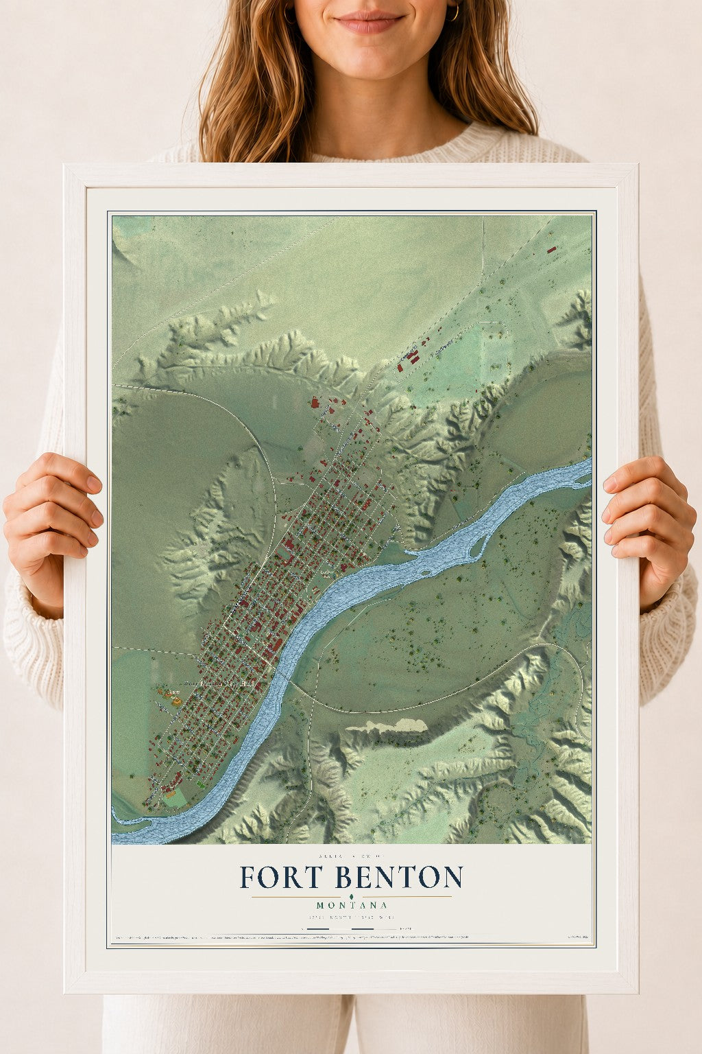 Map of Fort Benton, Montana, 18 x 24 inch print in a white wood frame