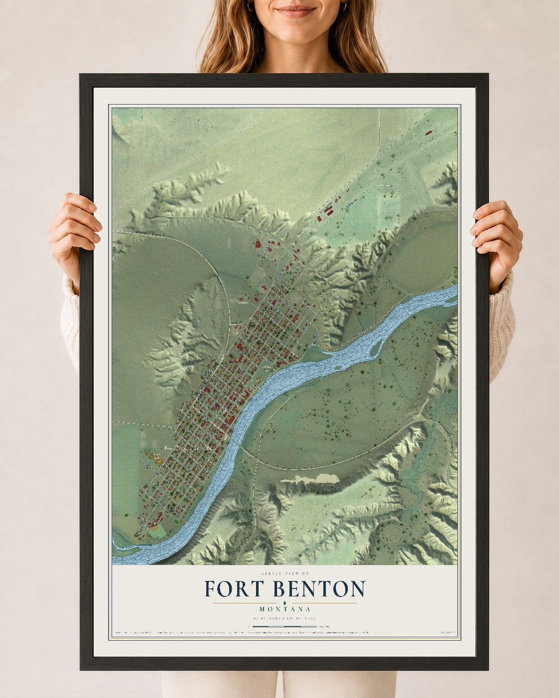 Map of Fort Benton, Montana, 24 x 36 inch print in a black wood frame