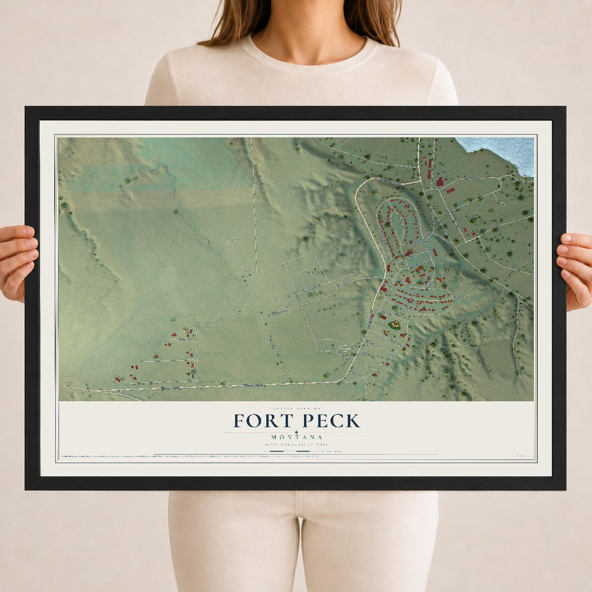 Map of Fort Peck, Montana, 18 x 24 inch print in a black wood frame