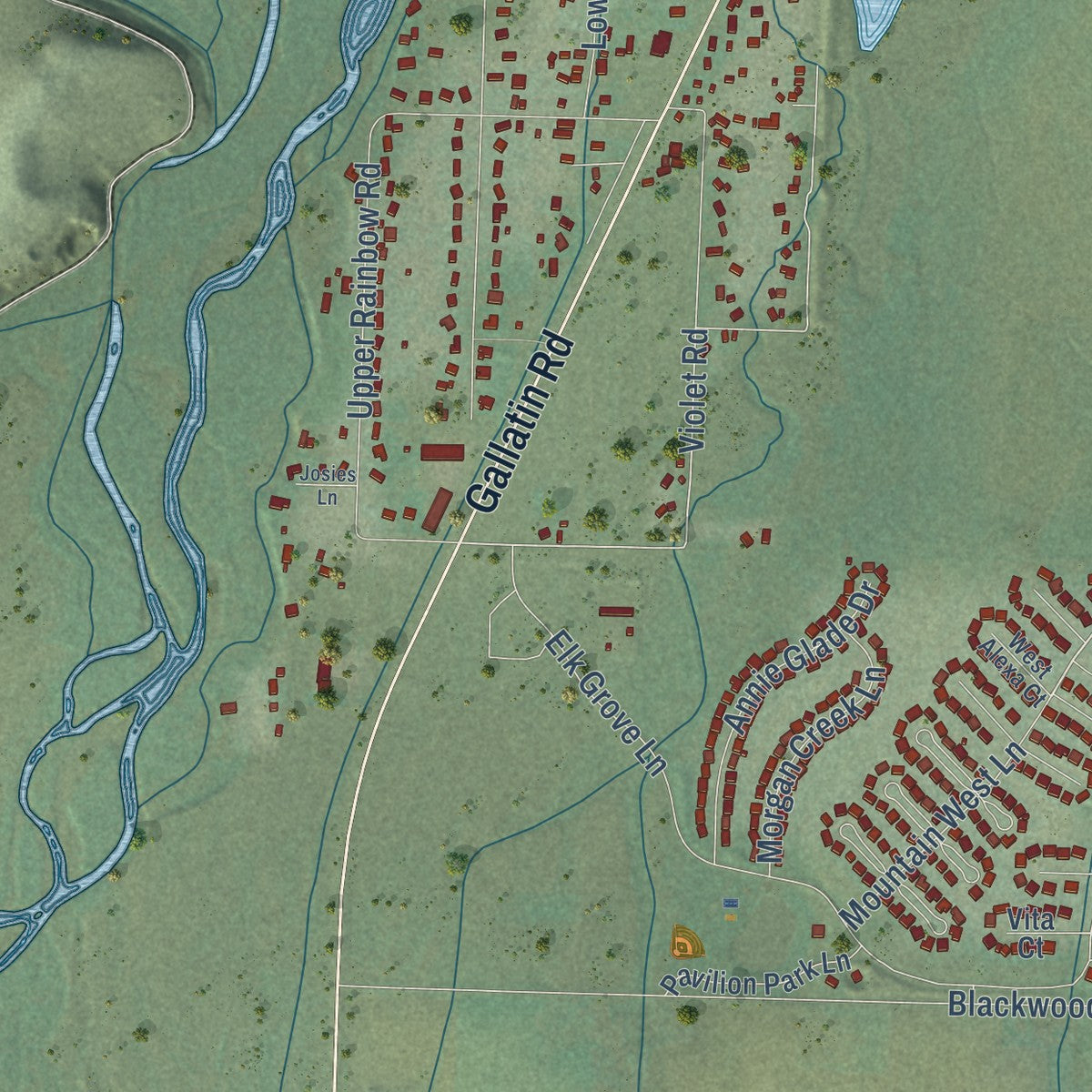 Second close-up of the map of Four Corners, Montana print showing more streets and buildings