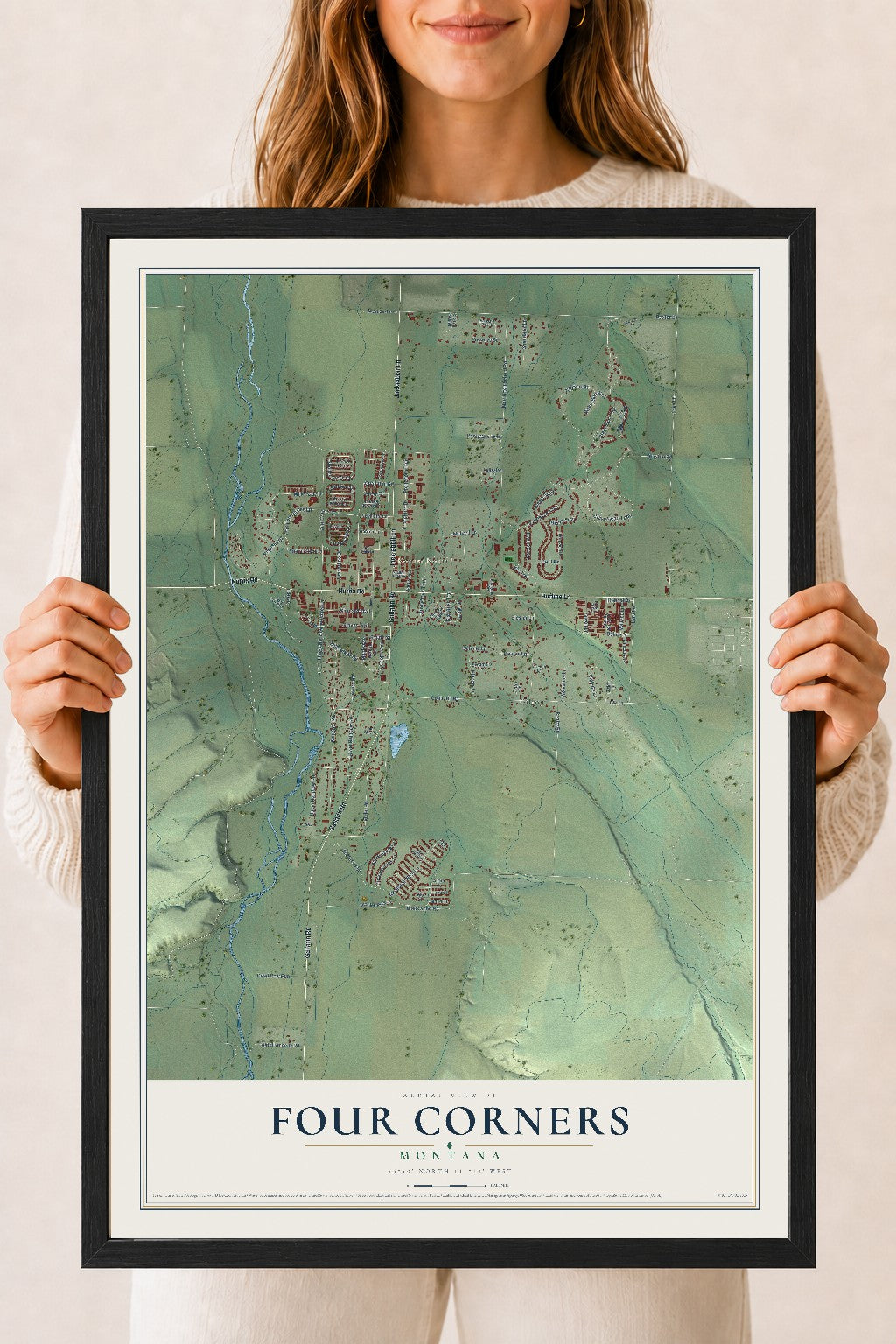 Map of Four Corners, Montana, 18 x 24 inch print in a black wood frame