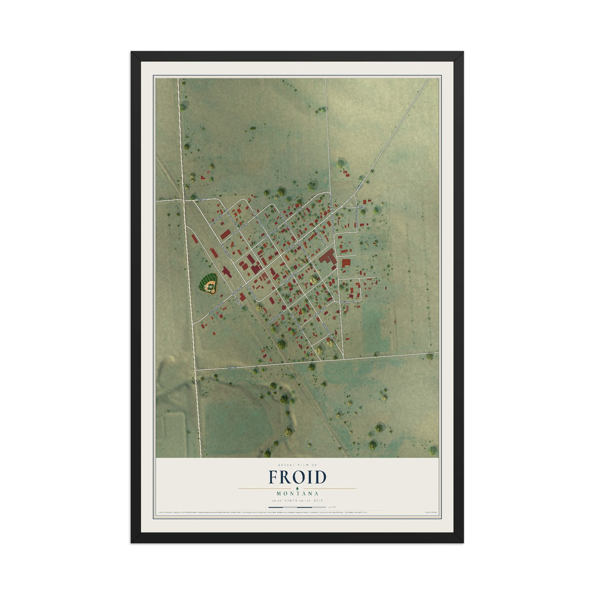 Map of Froid, Montana, 12 x 18 inch print in a black wood frame
