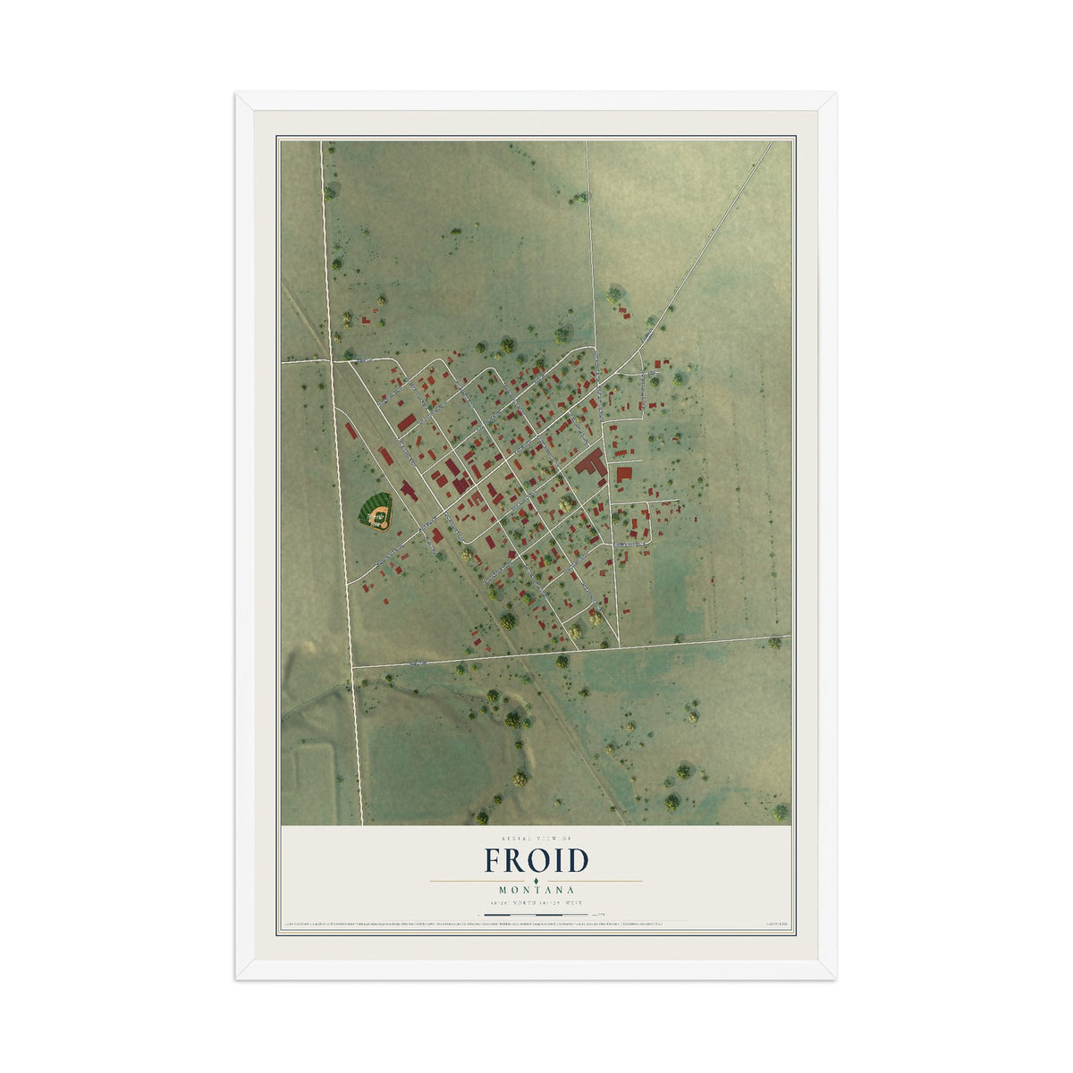 Map of Froid, Montana, 12 x 18 inch print in a white wood frame