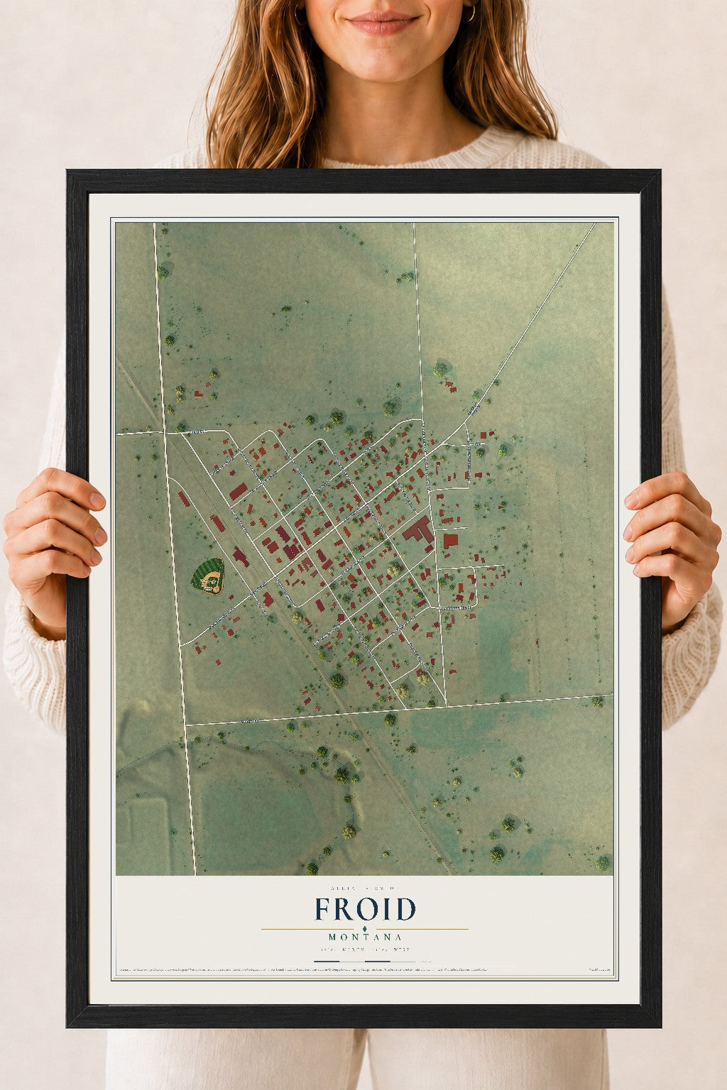 Map of Froid, Montana, 18 x 24 inch print in a black wood frame