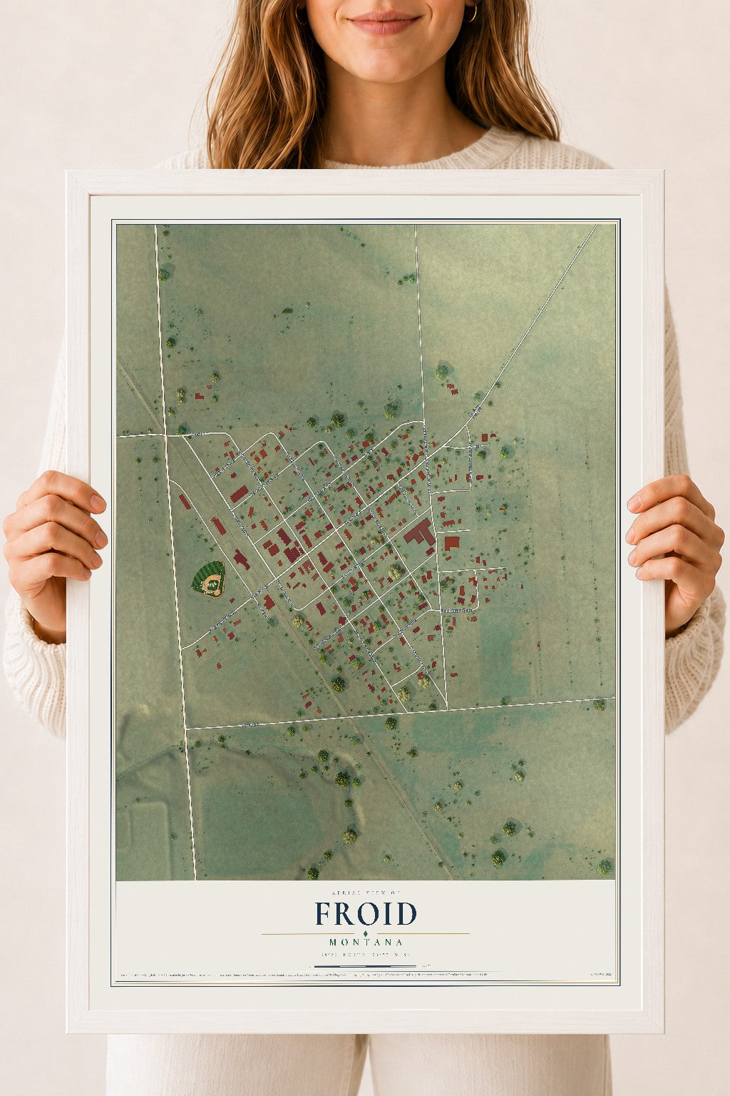 Map of Froid, Montana, 18 x 24 inch print in a white wood frame