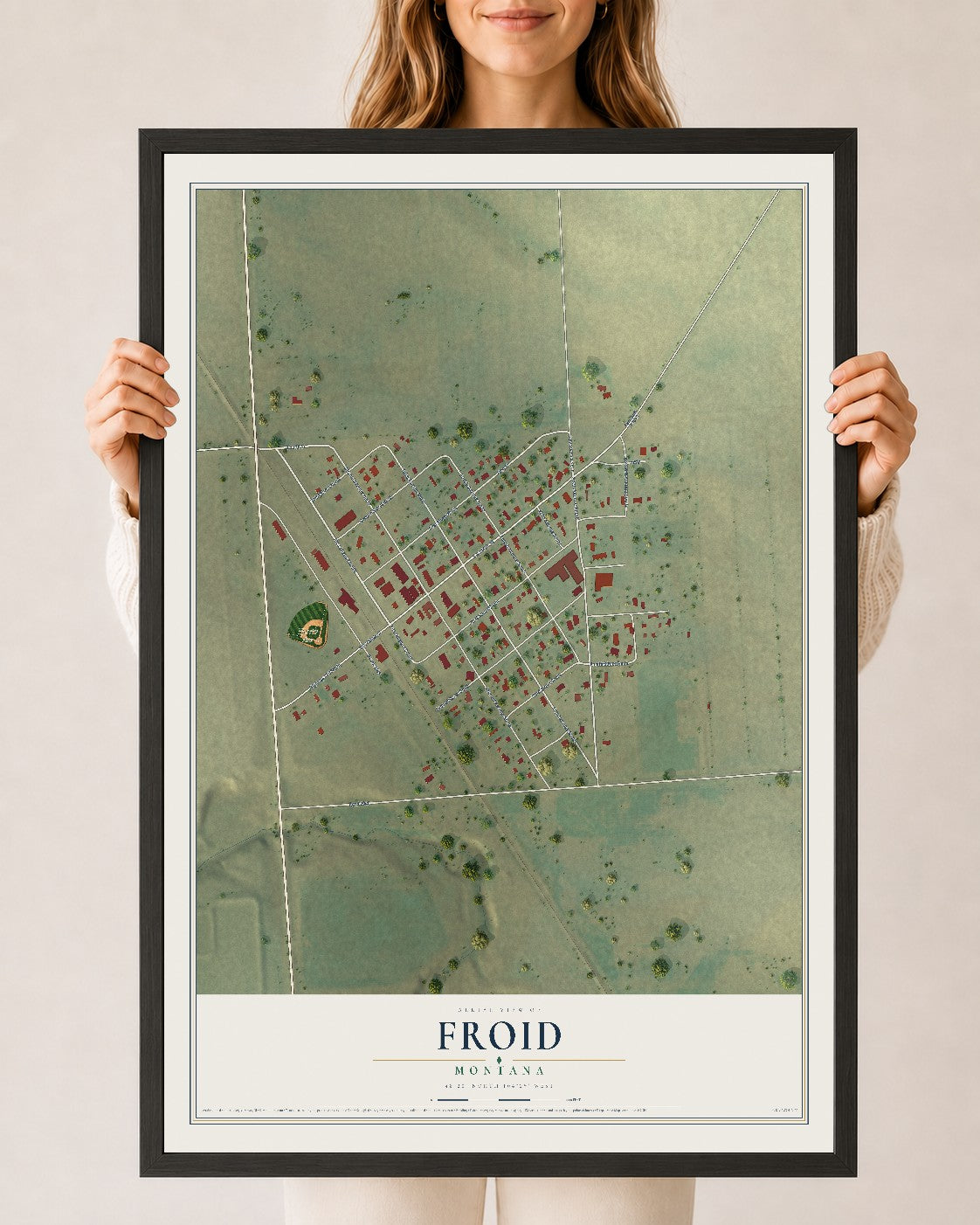 Map of Froid, Montana, 24 x 36 inch print in a black wood frame