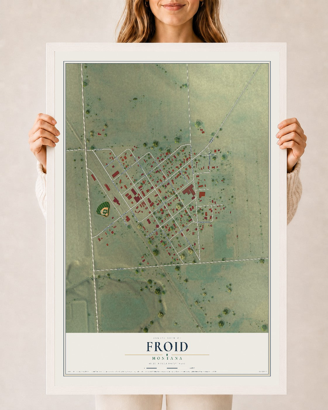 Map of Froid, Montana, 24 x 36 inch print in a white wood frame