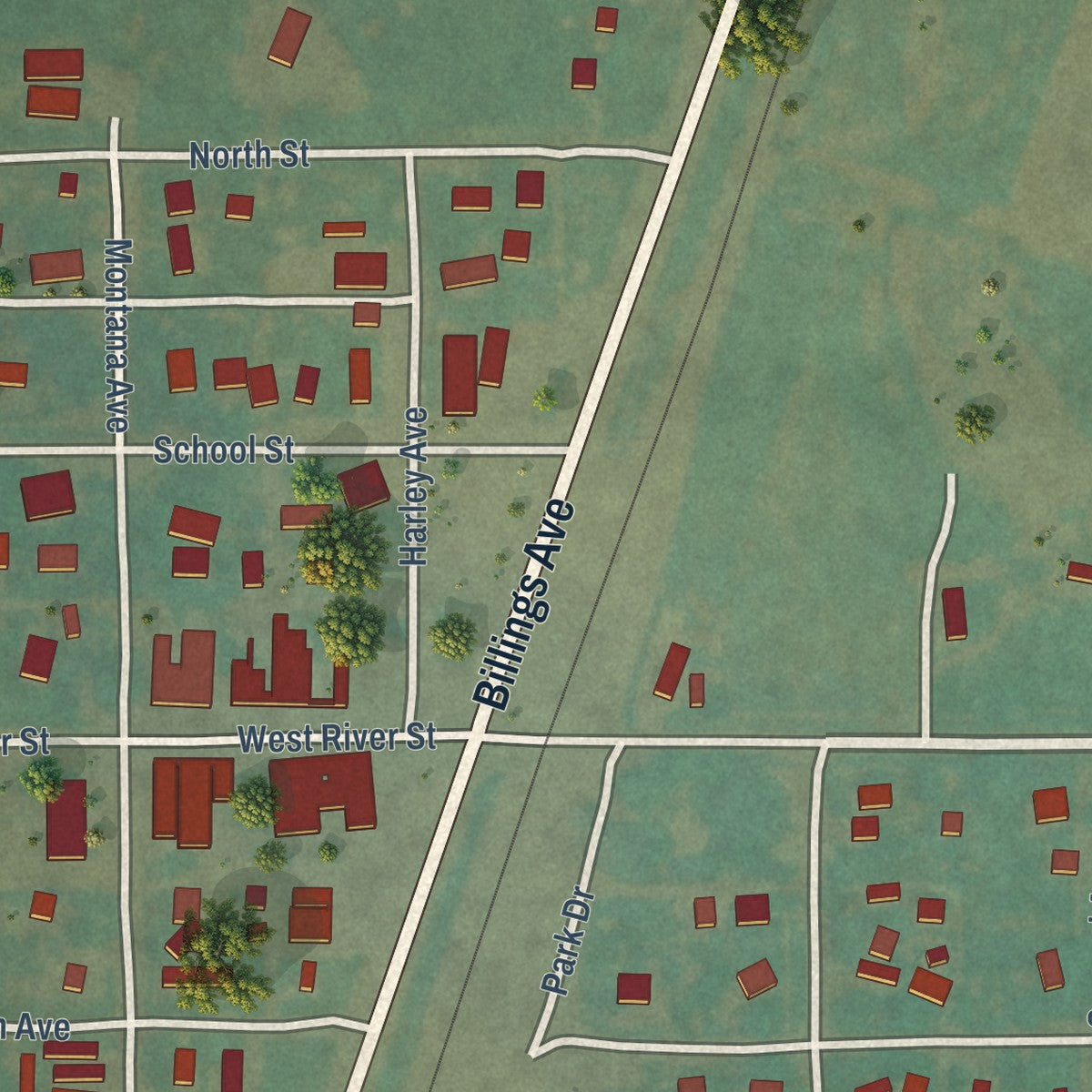 Close-up of the map of Fromberg, Montana print showing street and building detail