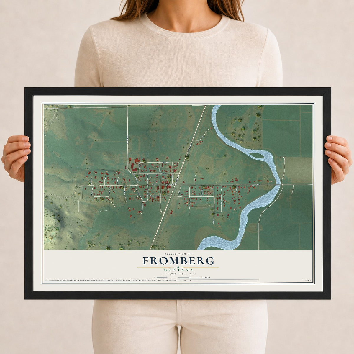 Map of Fromberg, Montana, 12 x 18 inch print in a black wood frame