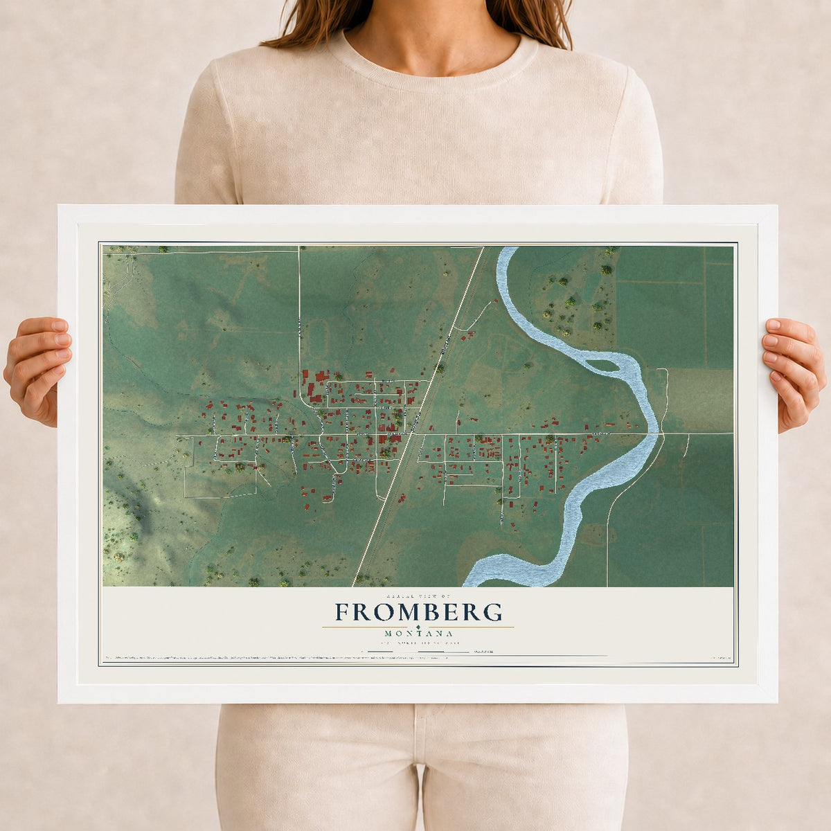 Map of Fromberg, Montana, 12 x 18 inch print in a white wood frame