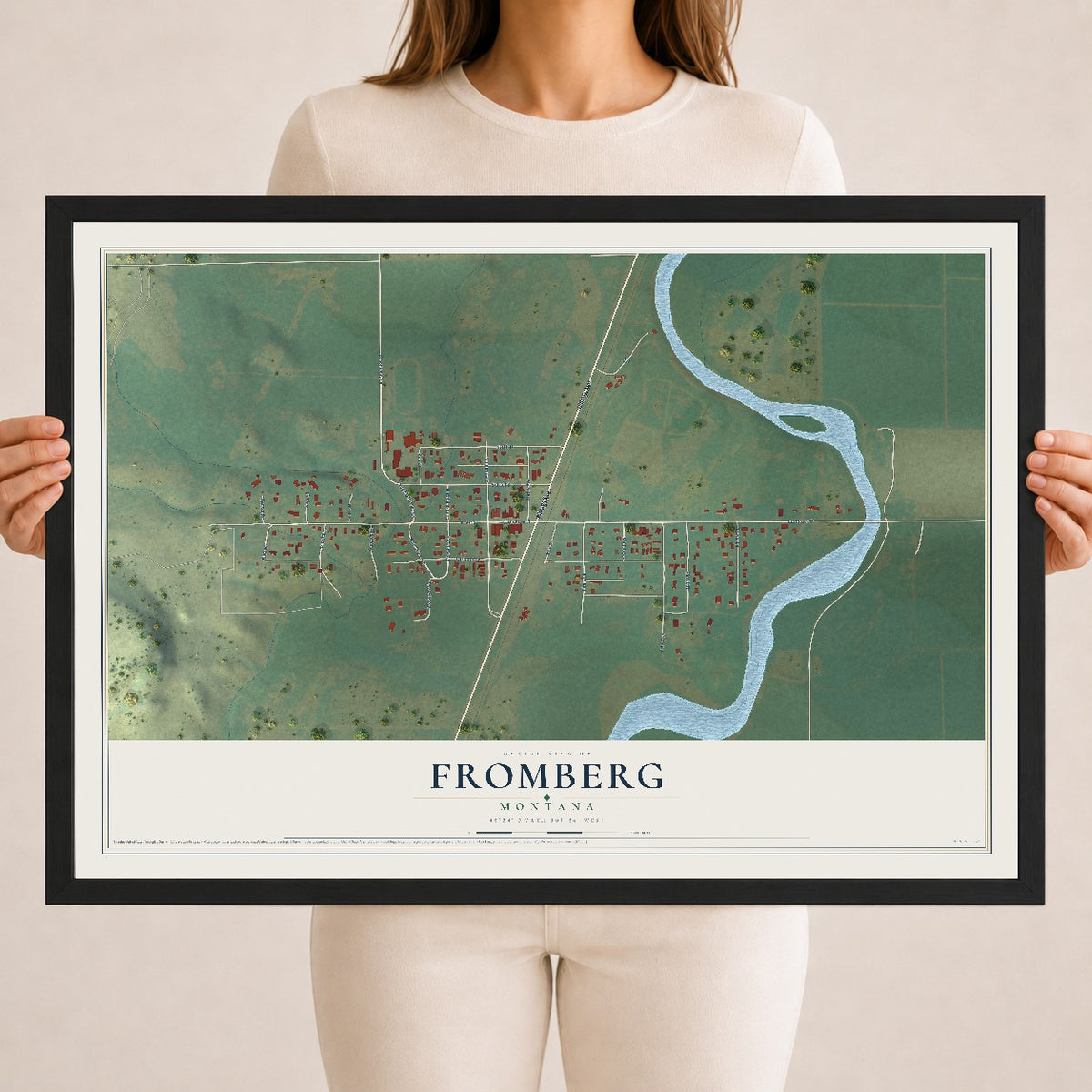 Map of Fromberg, Montana, 18 x 24 inch print in a black wood frame