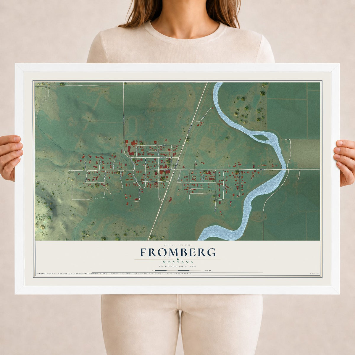 Map of Fromberg, Montana, 18 x 24 inch print in a white wood frame
