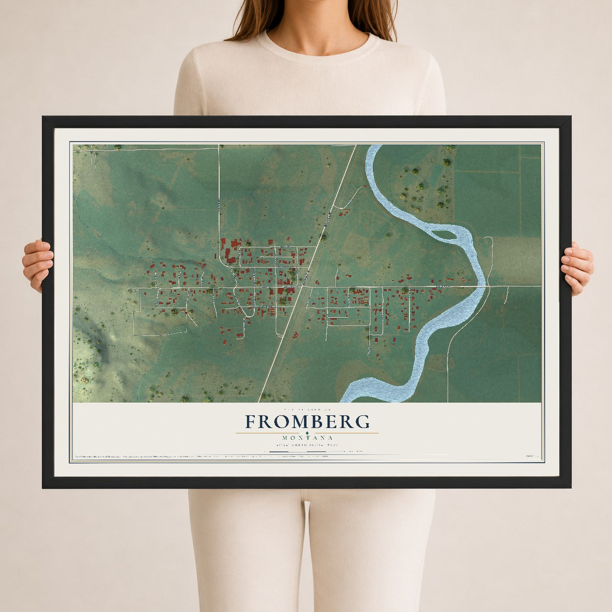 Map of Fromberg, Montana, 24 x 36 inch print in a black wood frame