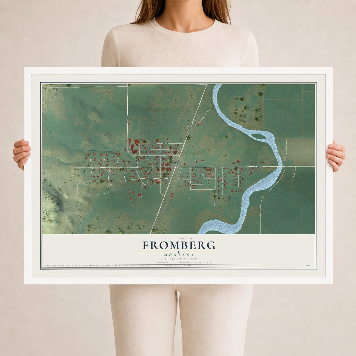 Map of Fromberg, Montana, 24 x 36 inch print in a white wood frame